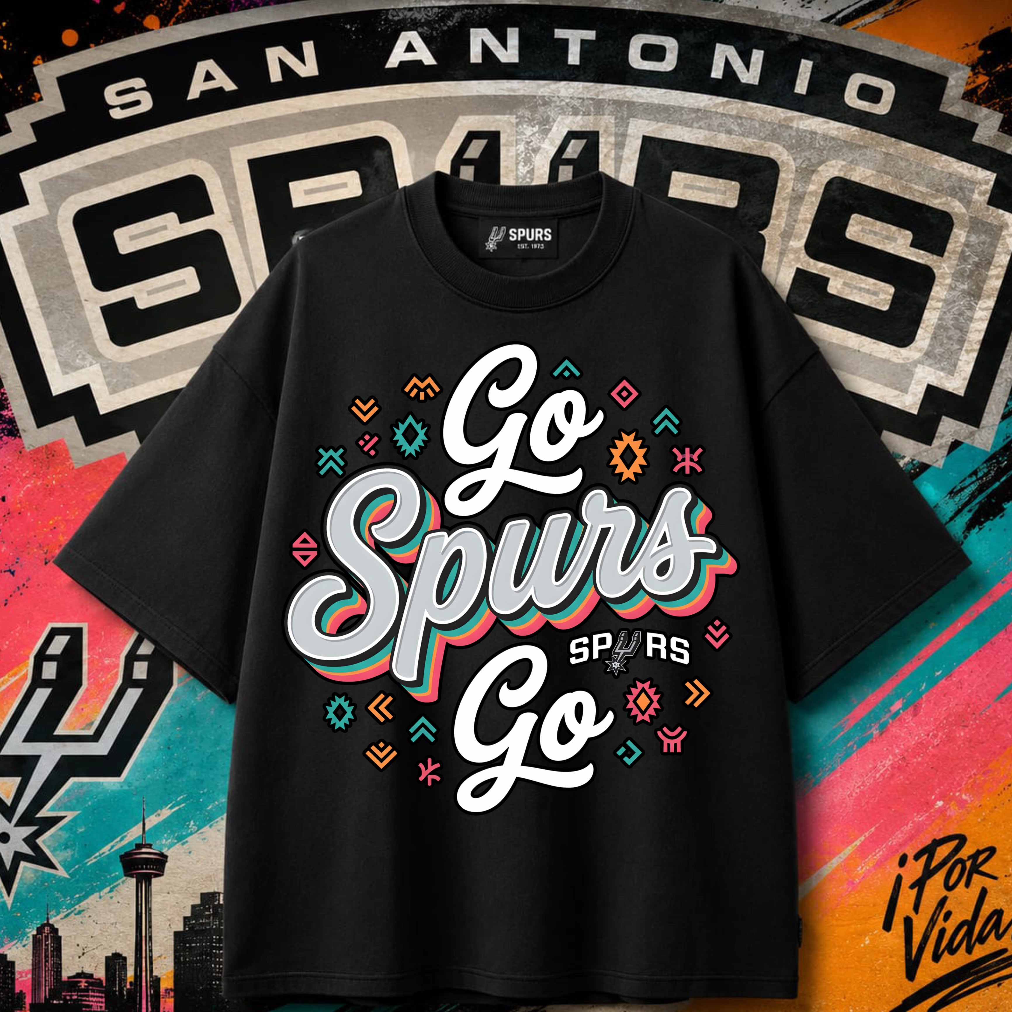 Go Spurs Go – Fiesta Script Aztec Symbols Tee