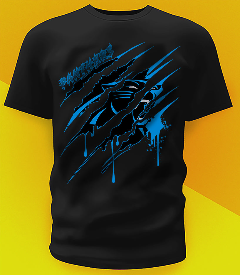 Carolina Panthers Ripped Claw Design Tee on black shirt