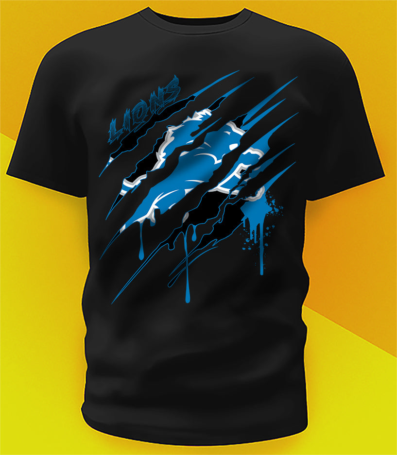 Detroit Lions Ripped Claw Design Tee on black shirt