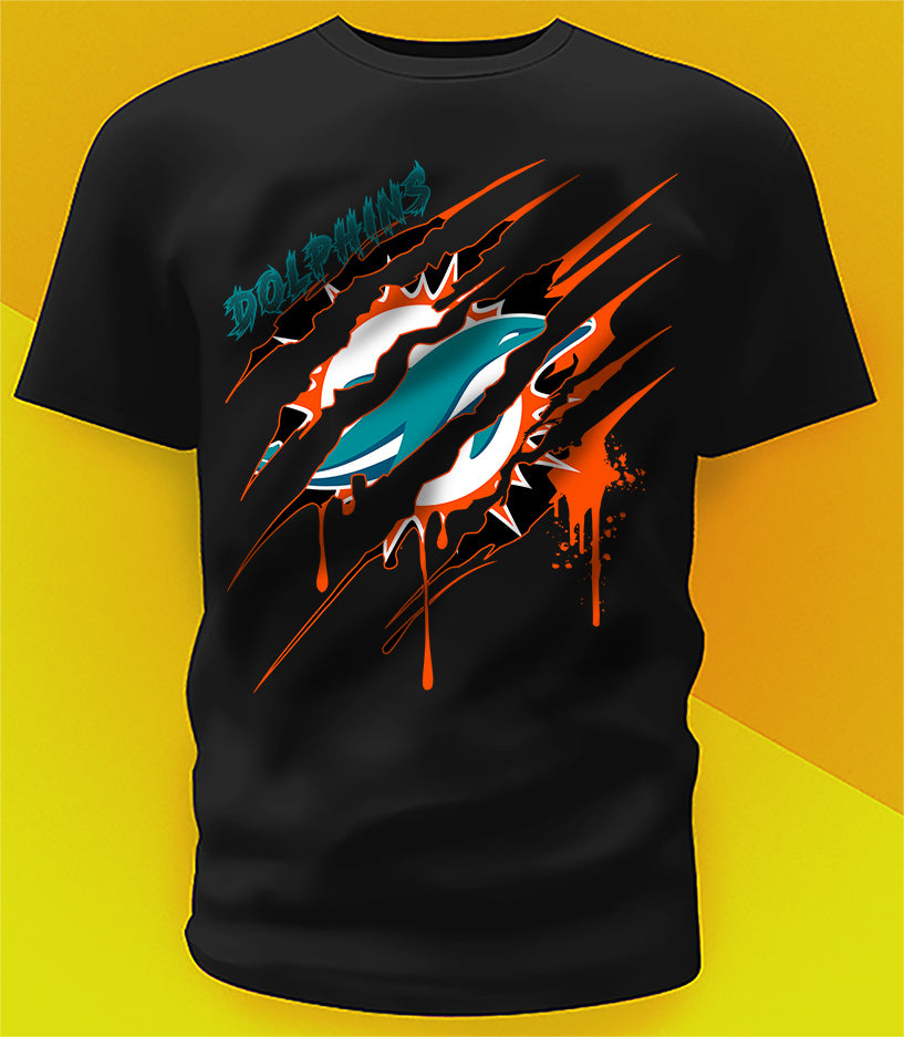 Miami Dolphins Ripped Claw Design Tee on black shirt