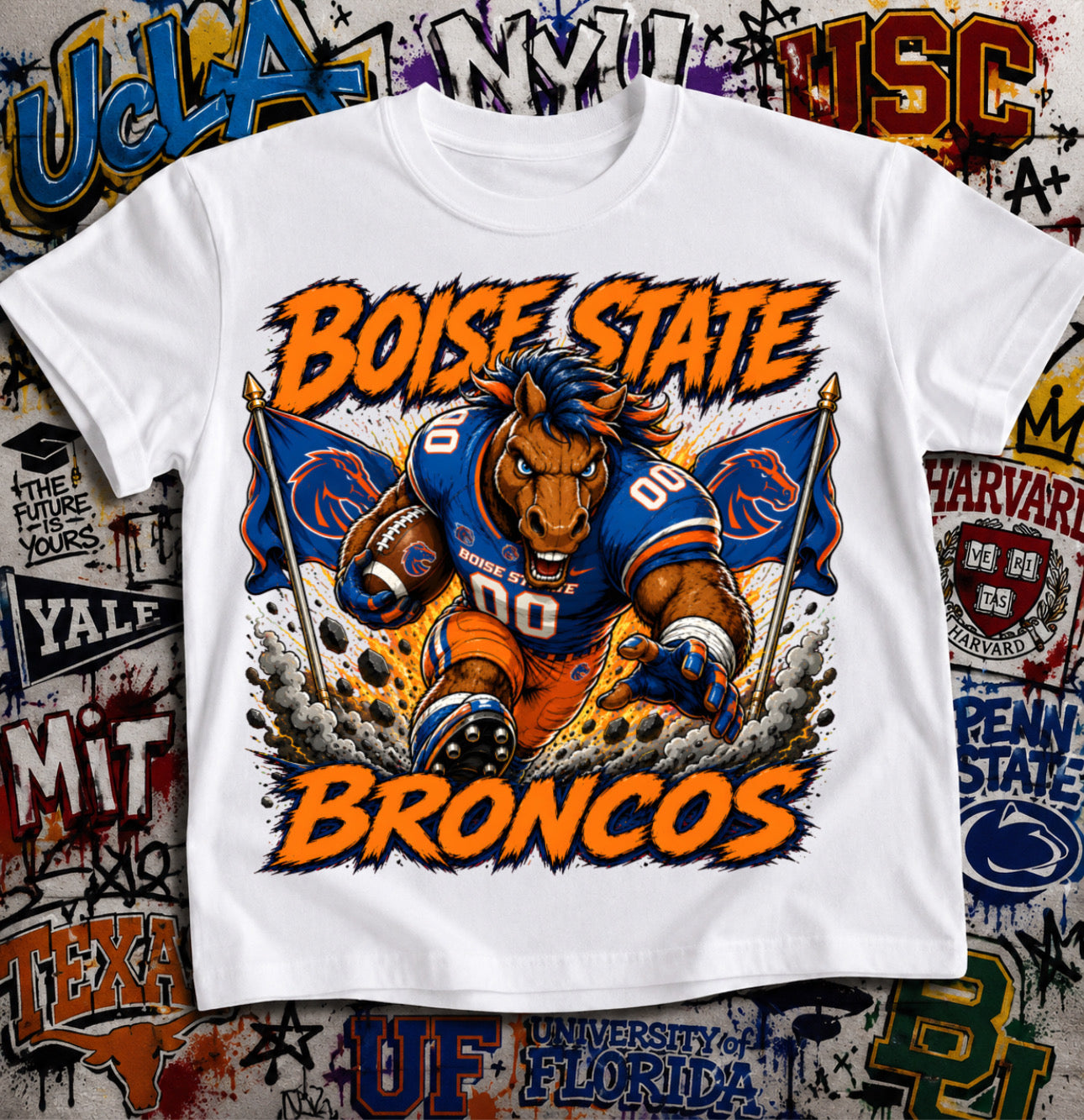 Boise State Broncos Football Shirt - Buster Bronco mascot in BSU football gear
