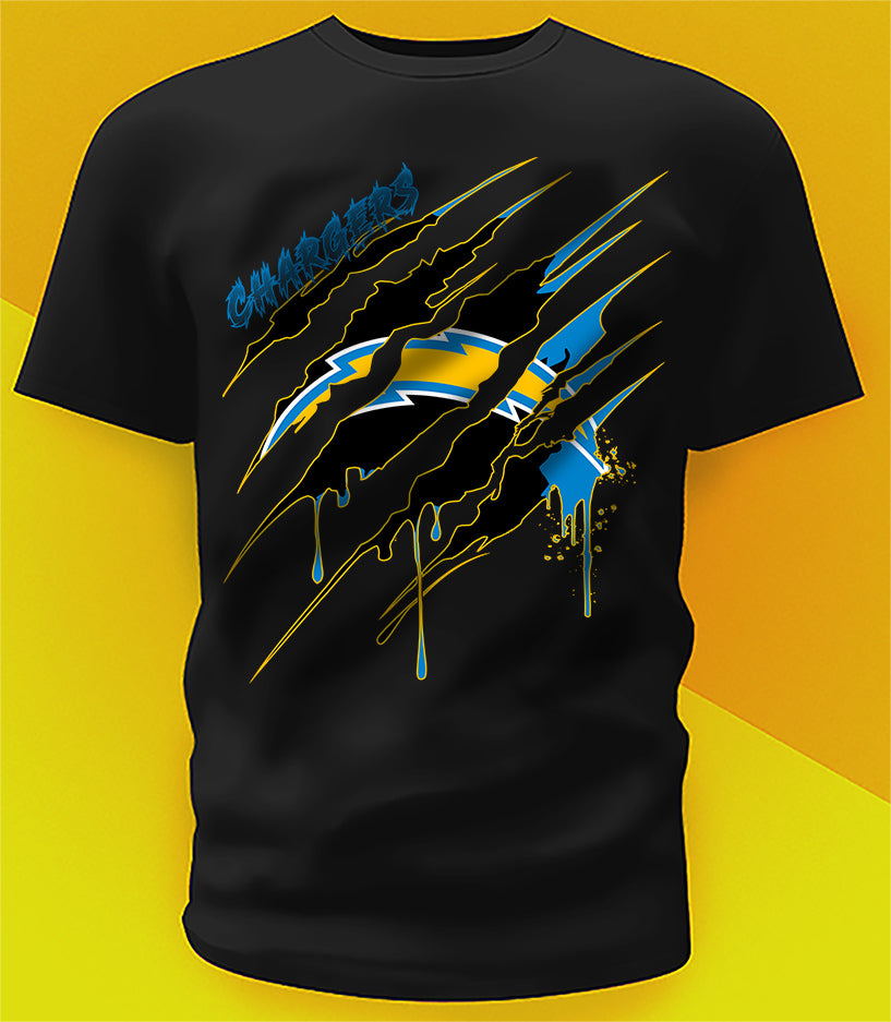 Los Angeles Chargers Ripped Claw Design Tee on black shirt