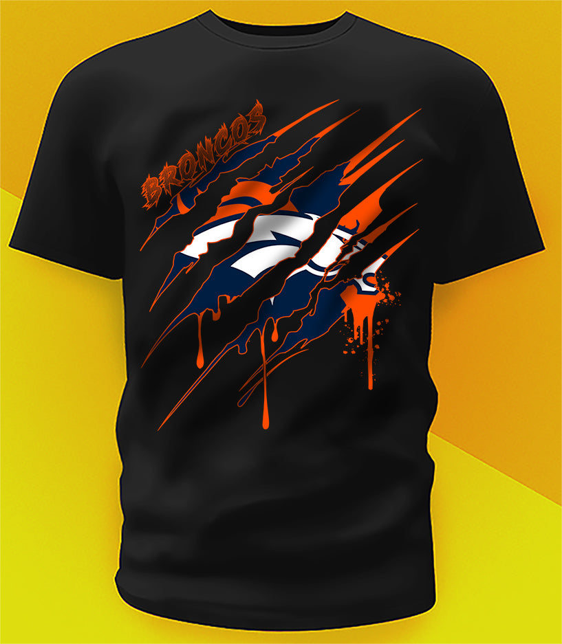 Denver Broncos Ripped Claw Design Tee on black shirt