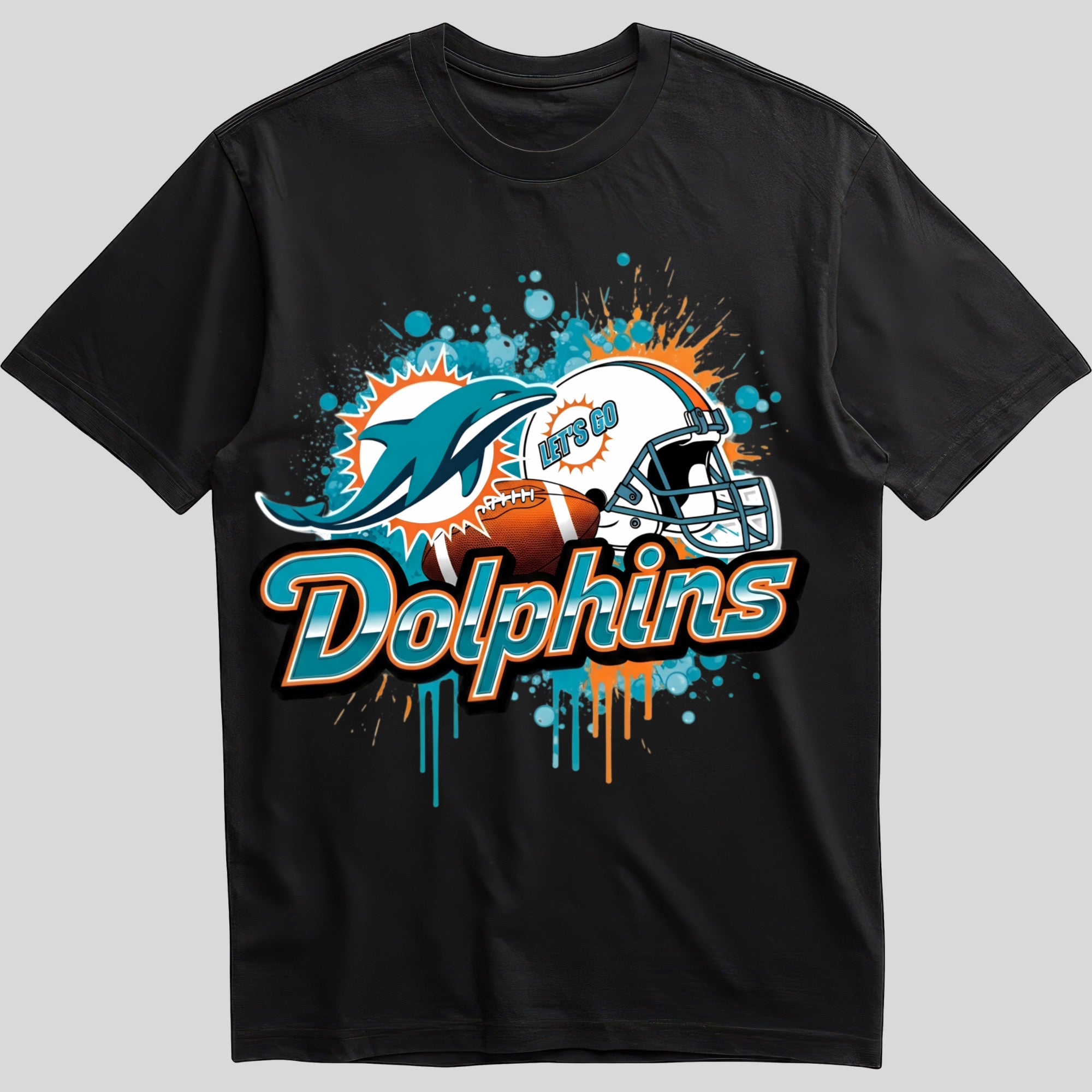 Miami Dolphins splash design graphic tee on black shirt