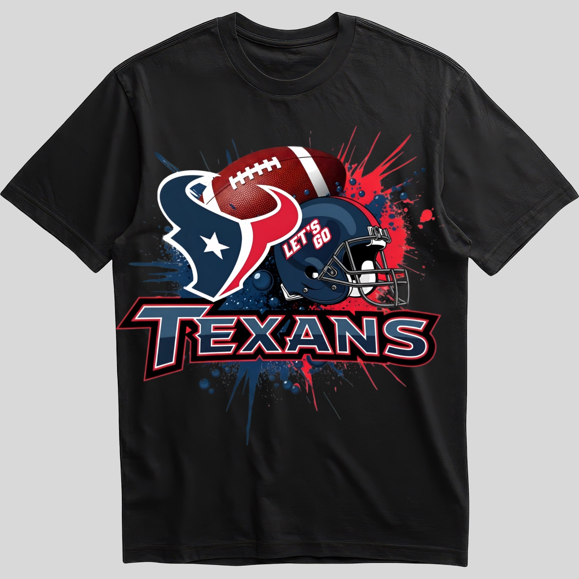 Houston Texans splash design graphic tee on black shirt
