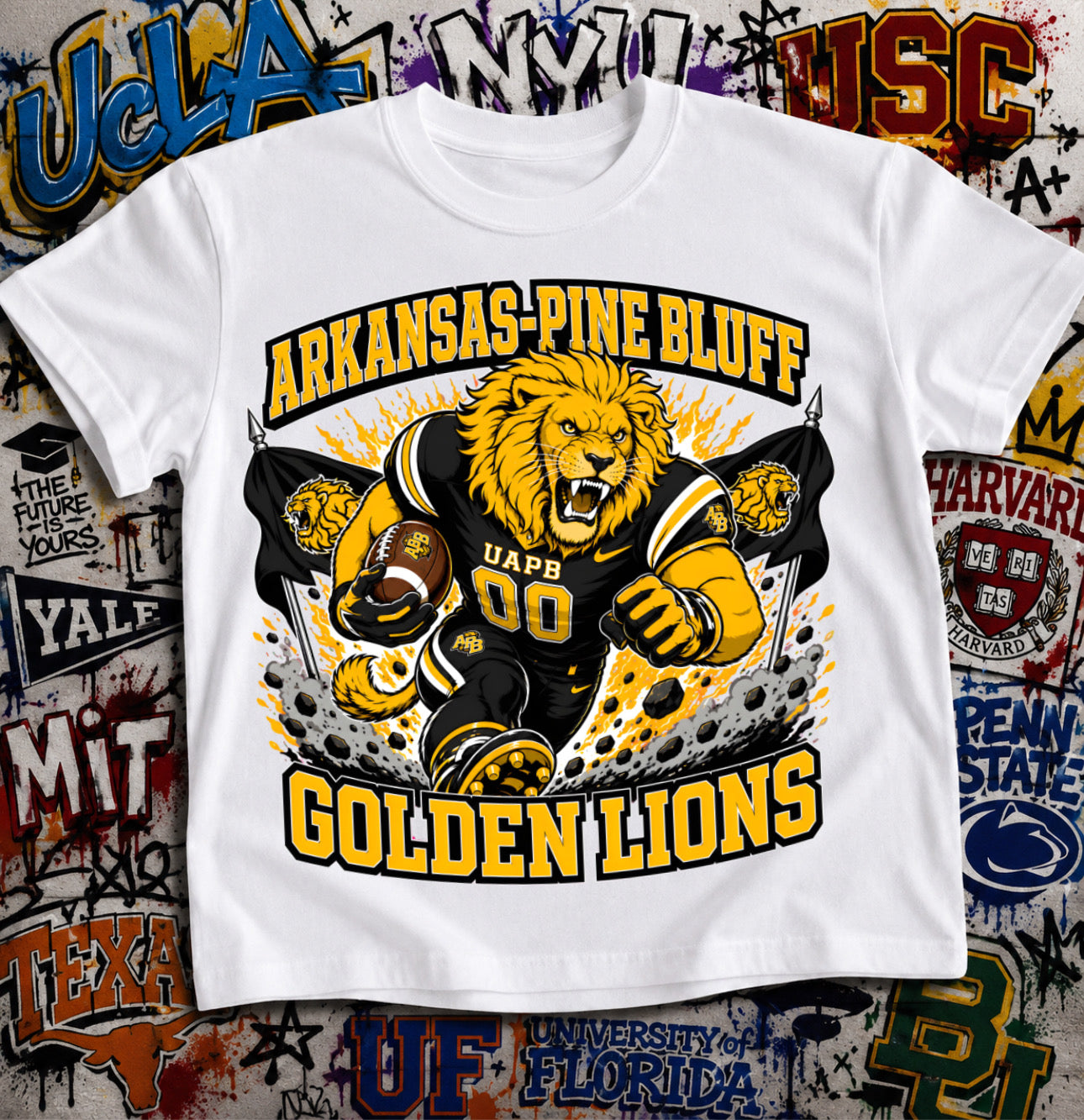 Arkansas-Pine Bluff Golden Lions Football Shirt - Lion mascot in SWAC gear