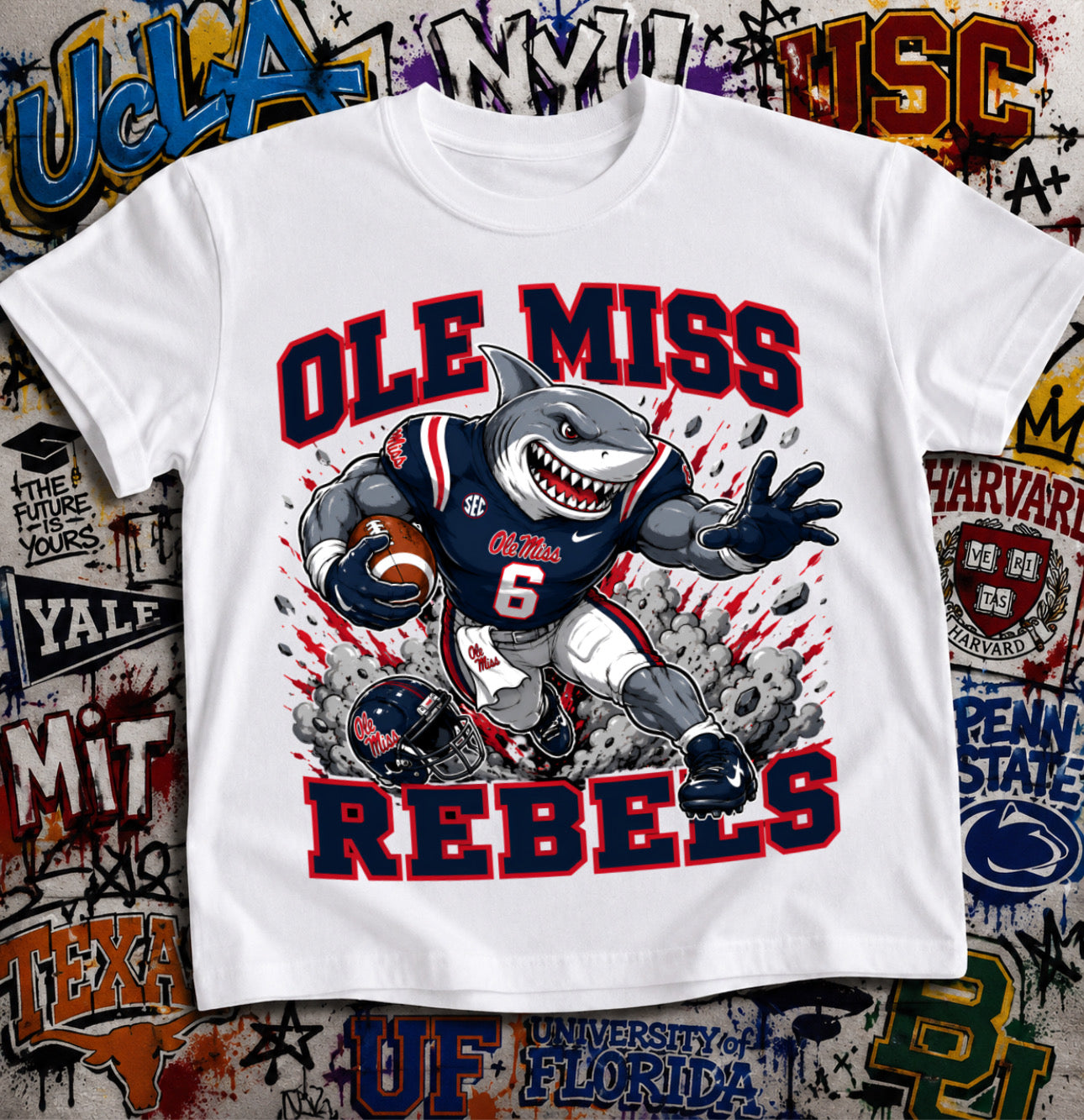 Ole Miss Rebels Football Shirt - Rebel shark mascot in SEC gear