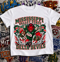 Mississippi Valley State Delta Devils Football Shirt - Delta Devil mascot in MVSU football gear