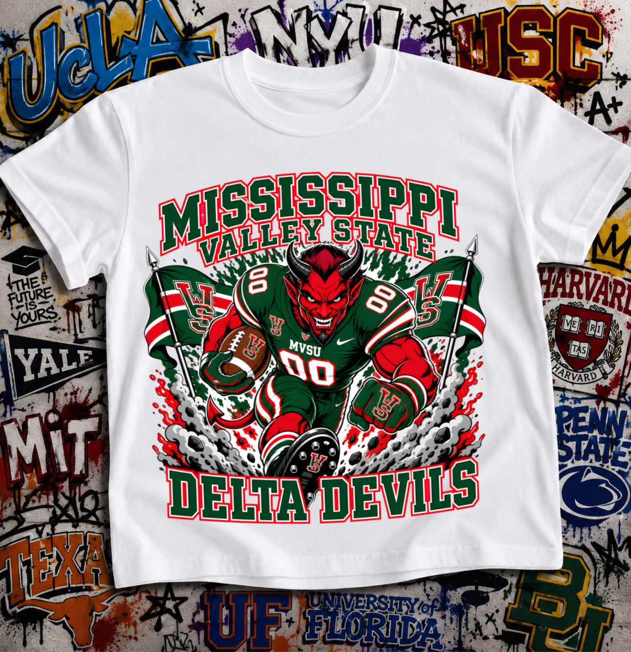Mississippi Valley State Delta Devils Football Shirt - Delta Devil mascot in MVSU football gear