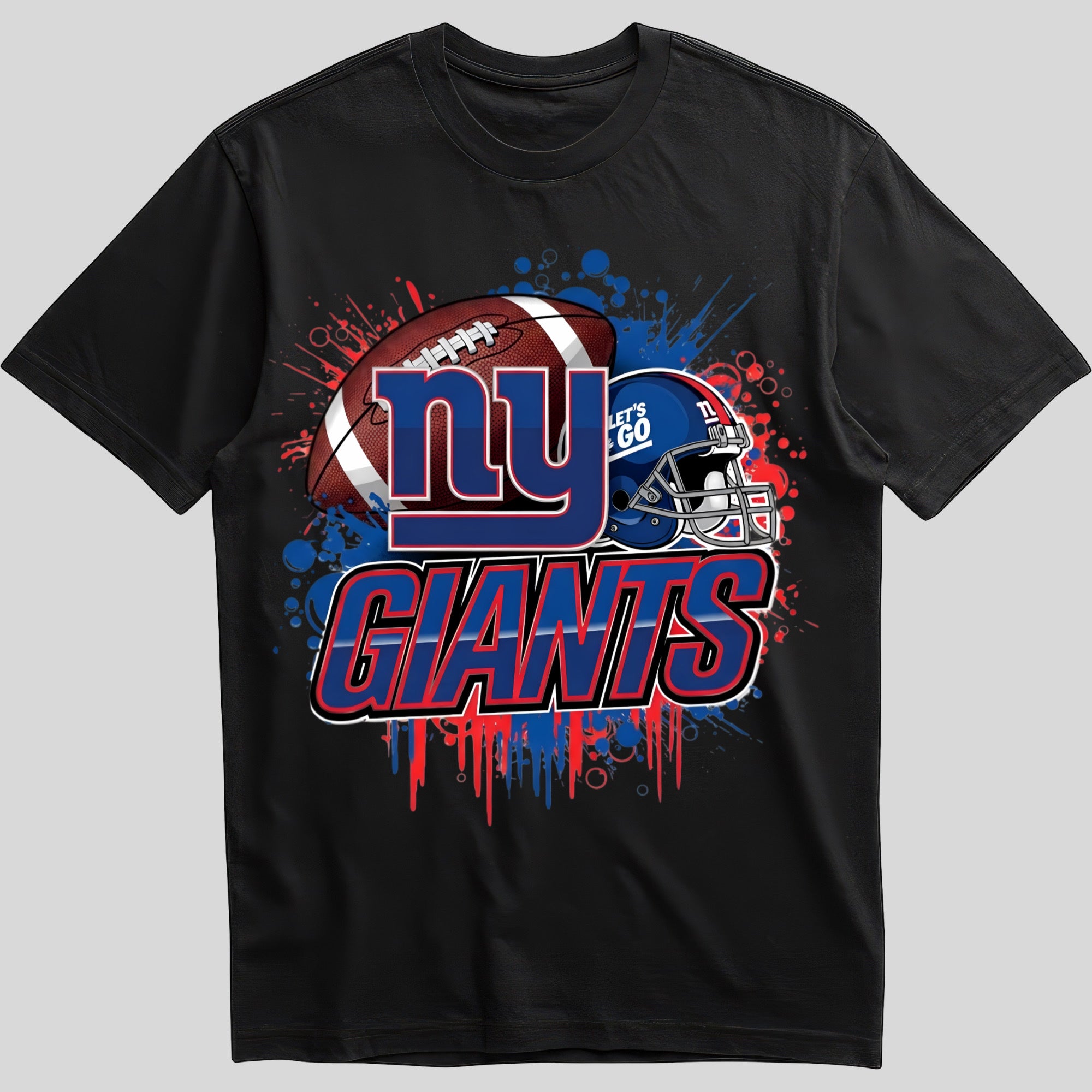 New York Giants splash design graphic tee on black shirt