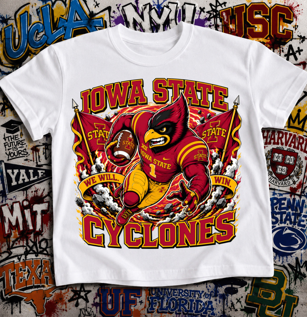 Iowa State Cyclones Football Shirt - Cy the Cardinal mascot in Iowa State football gear