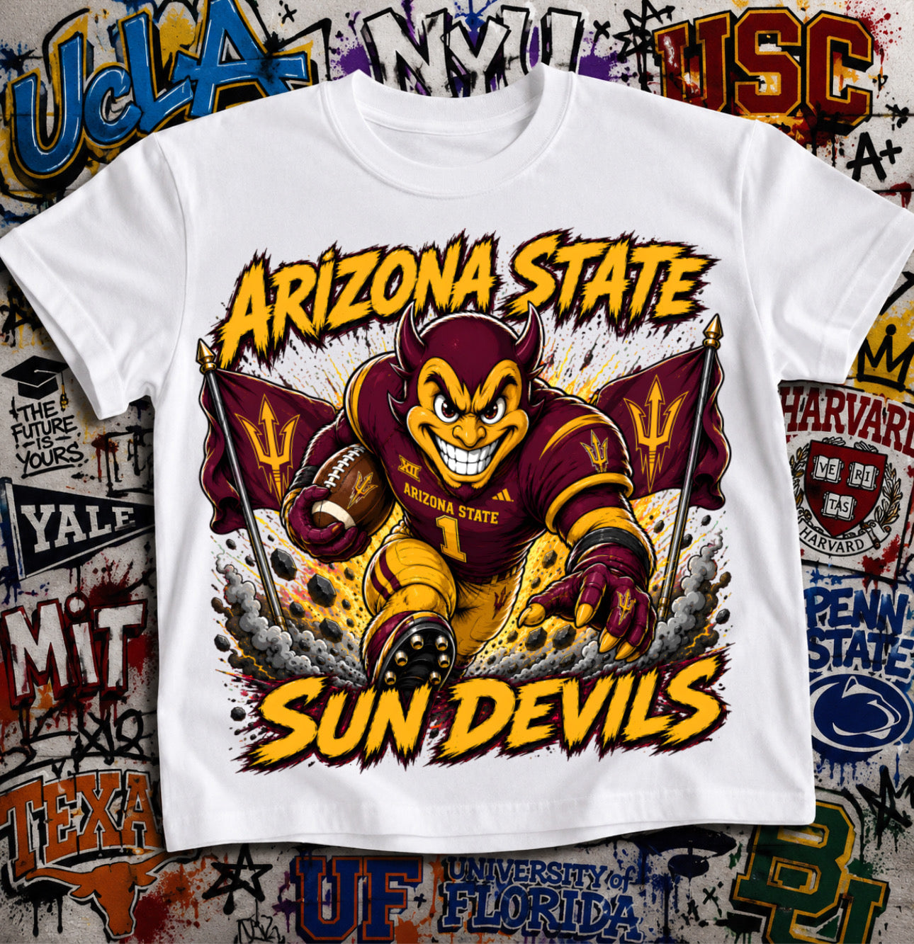 Arizona State Sun Devils Football Shirt - Sparky the Sun Devil mascot in ASU football gear