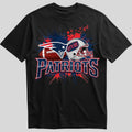 New England Patriots splash design graphic tee on black shirt