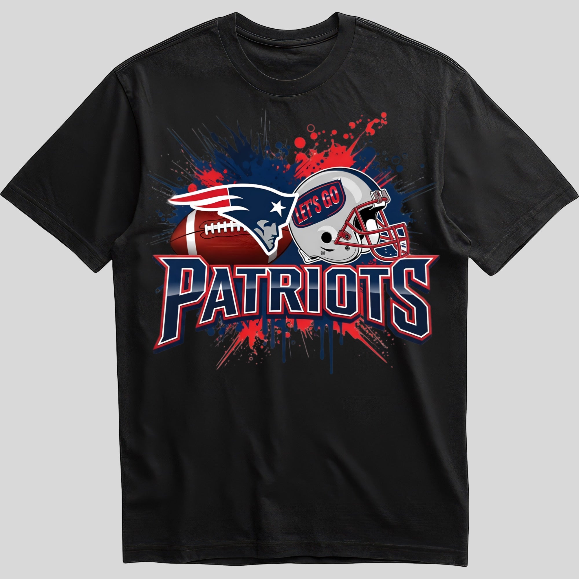New England Patriots splash design graphic tee on black shirt