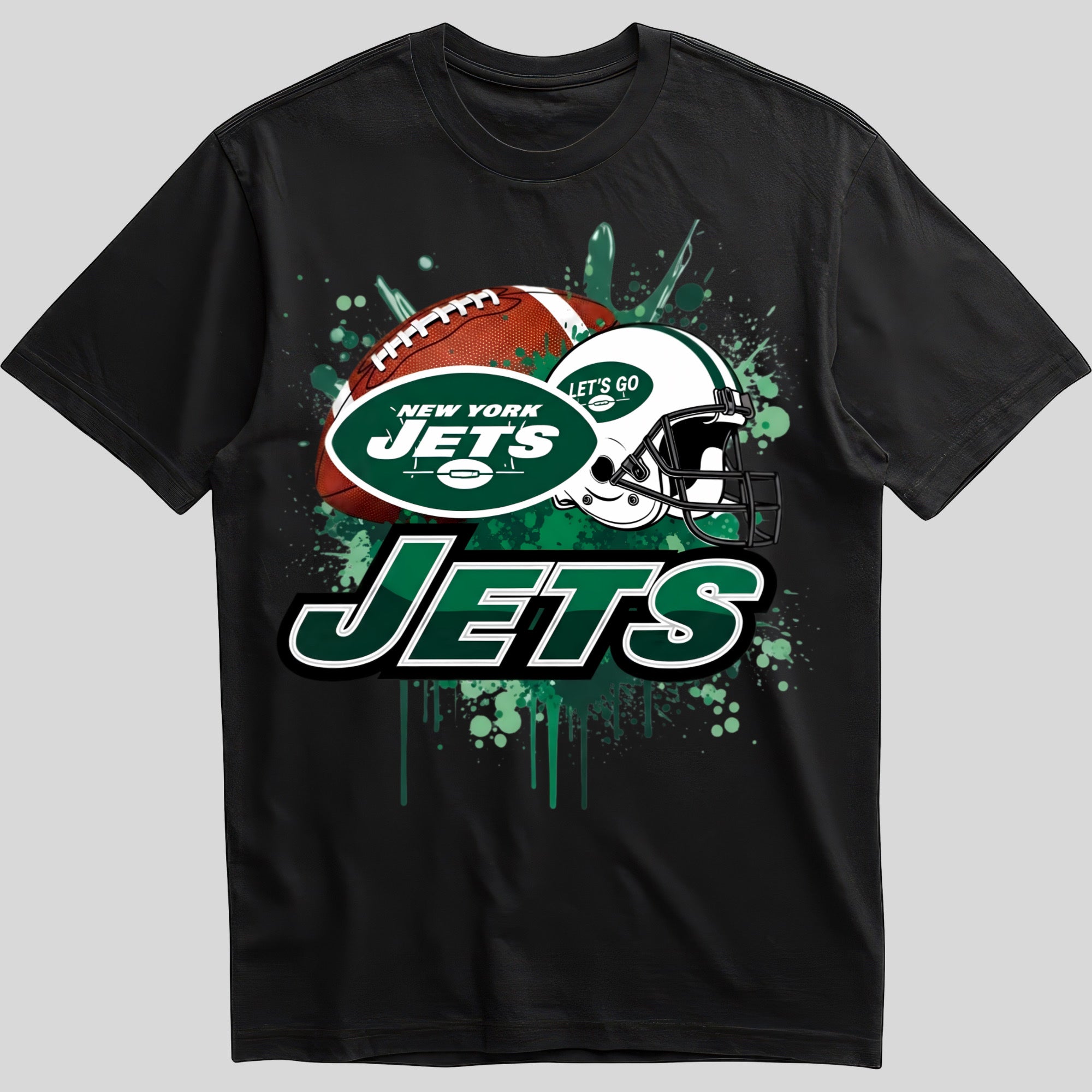 New York Jets splash design graphic tee on black shirt