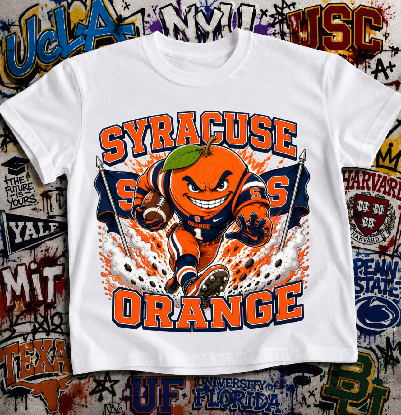 Syracuse Orange Football Shirt - Otto the Orange mascot in Syracuse football gear