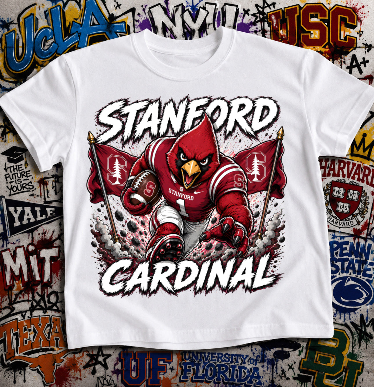 Stanford Cardinal Football Shirt - Cardinal bird mascot in Stanford football gear