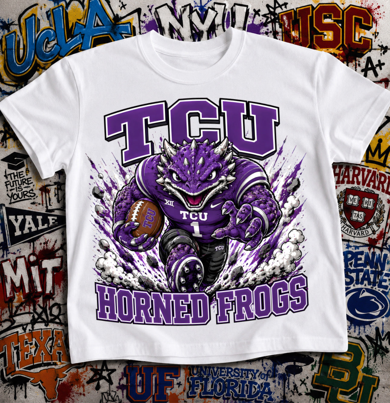 TCU Horned Frogs Football Shirt - Horned Frog mascot in TCU football gear