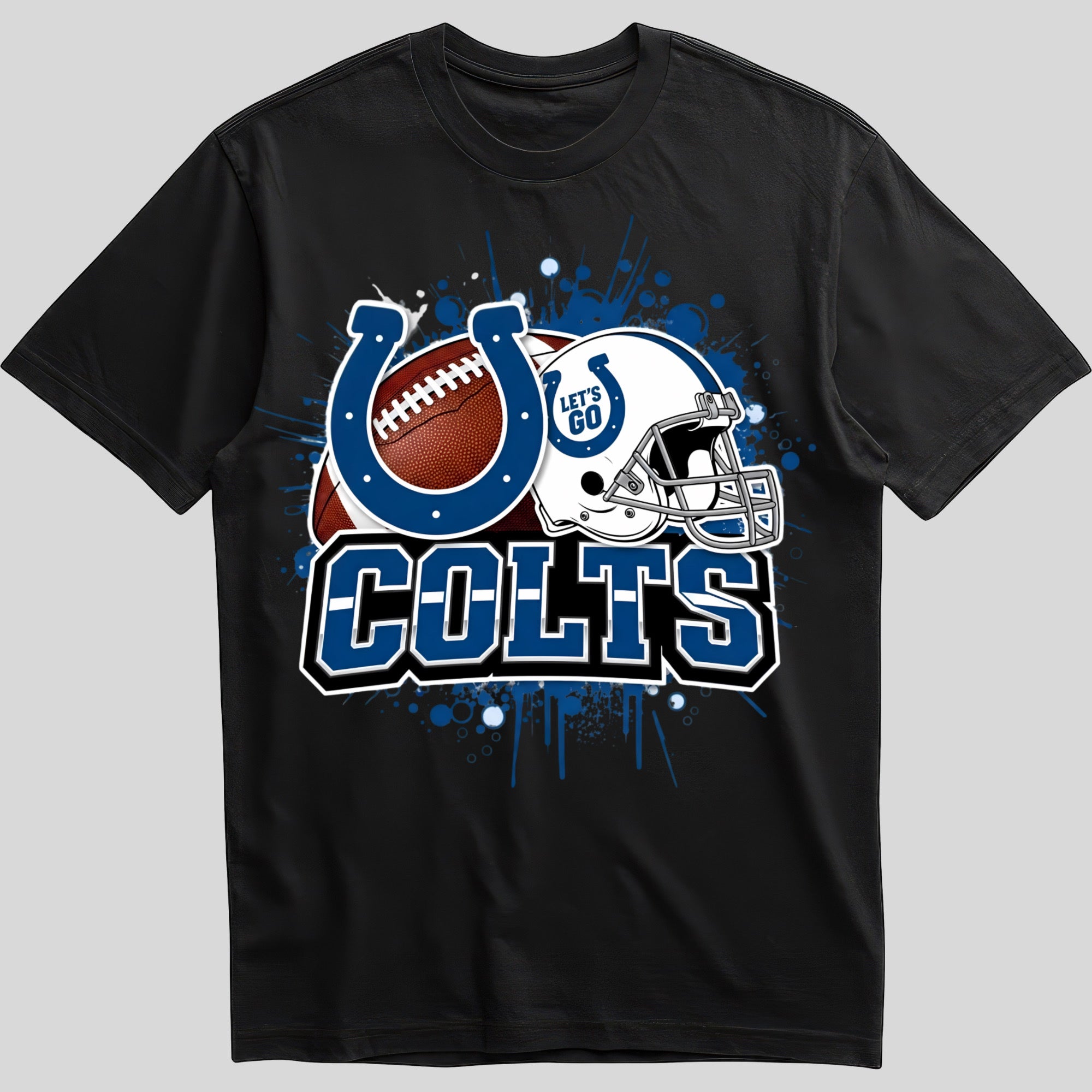 Indianapolis Colts splash design graphic tee on black shirt