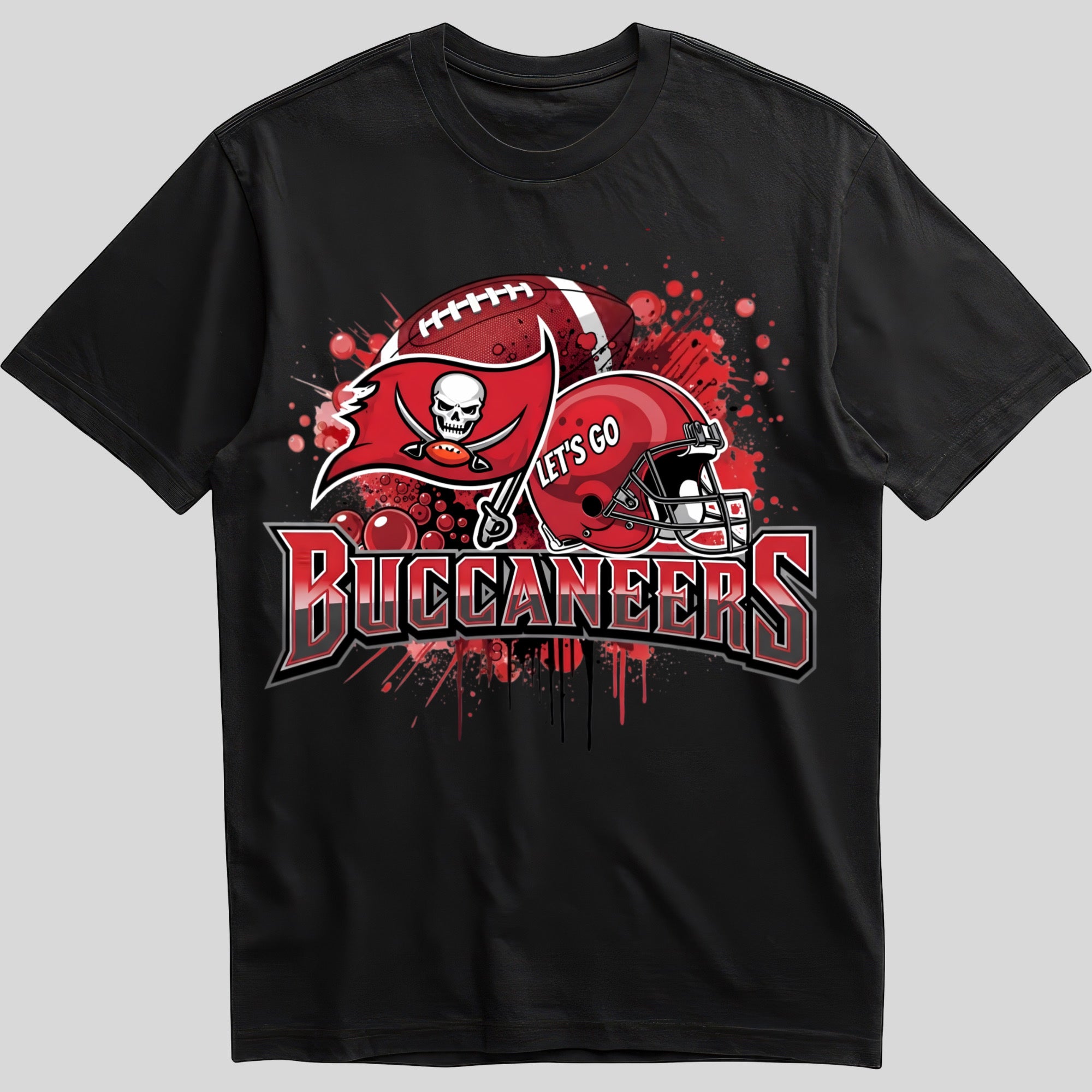 Tampa Bay Buccaneers splash design graphic tee on black shirt