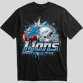 Detroit Lions splash design graphic tee on black shirt