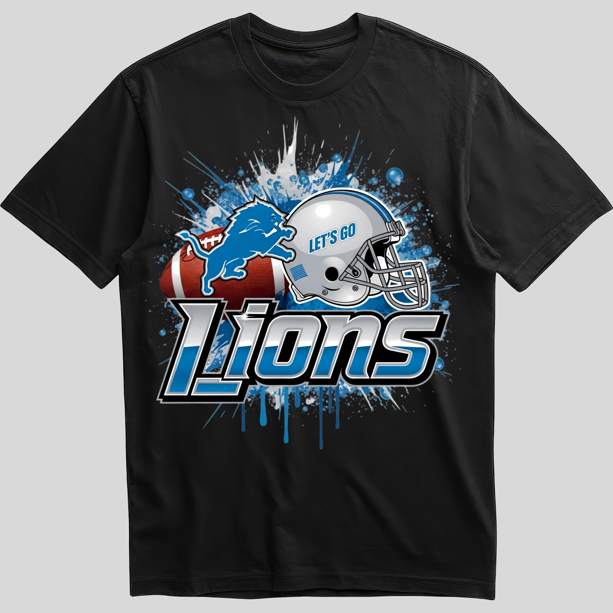 Detroit Lions splash design graphic tee on black shirt