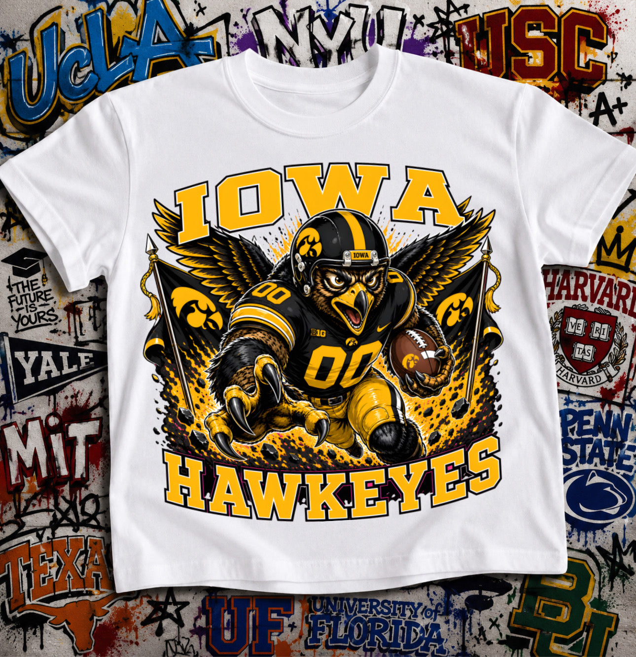 Iowa Hawkeyes Football Shirt - Herky the Hawk mascot in Iowa football gear