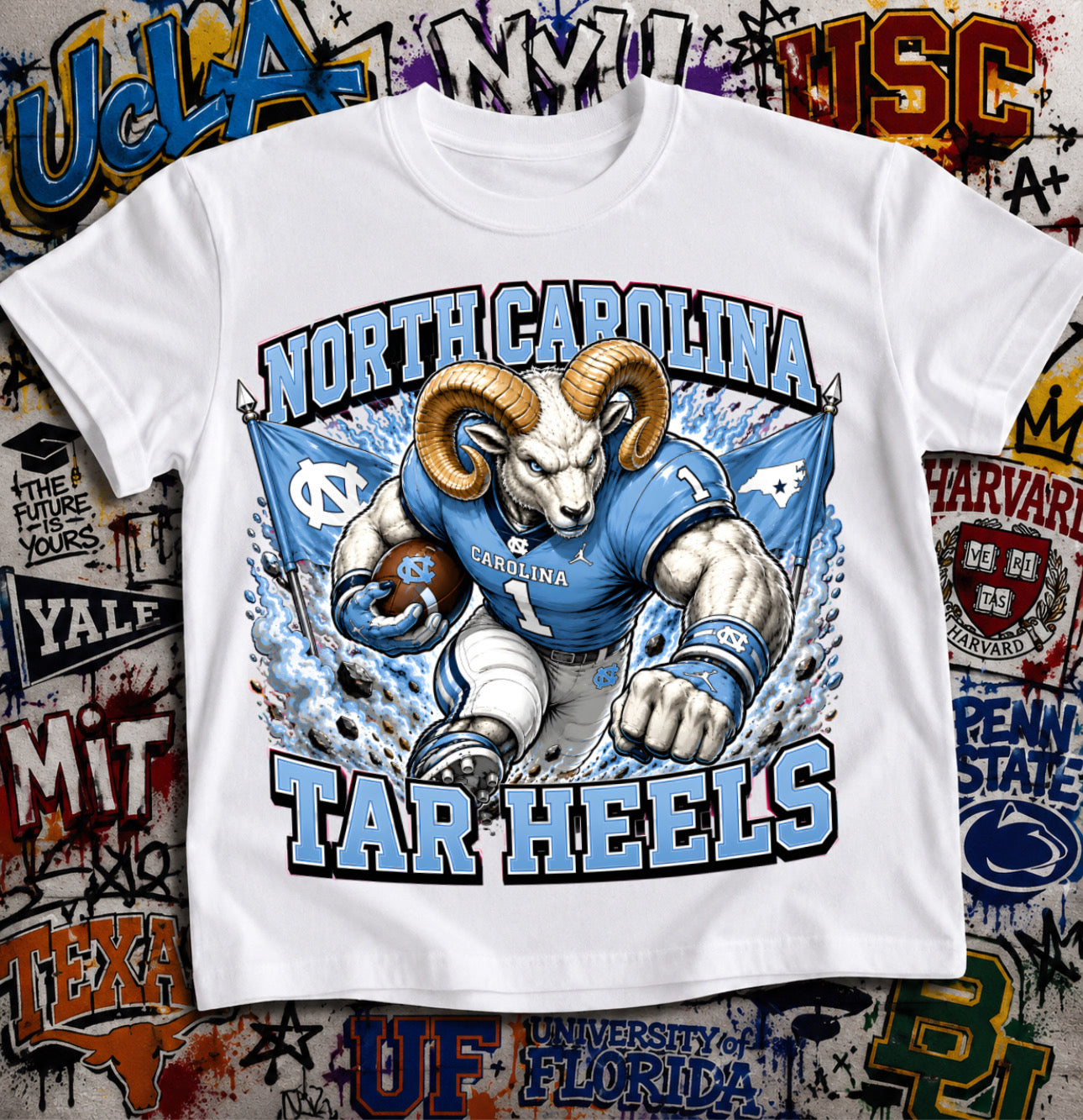 North Carolina Tar Heels Football Shirt - Rameses mascot in Carolina football gear