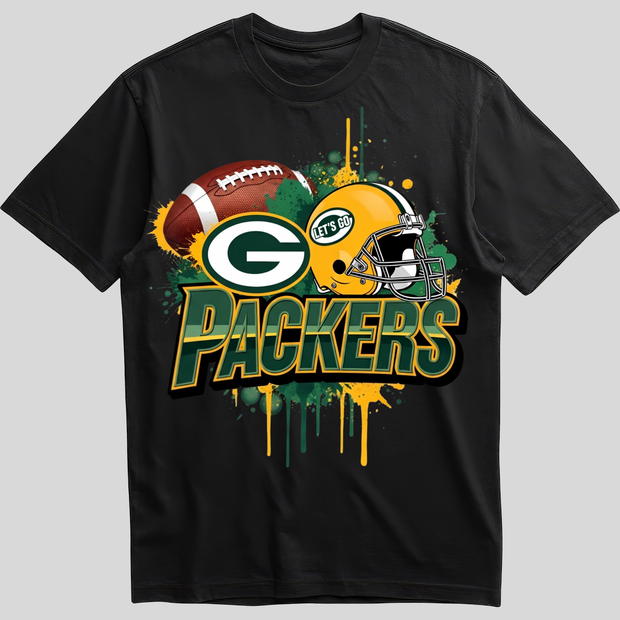 Green Bay Packers splash design graphic tee on black shirt