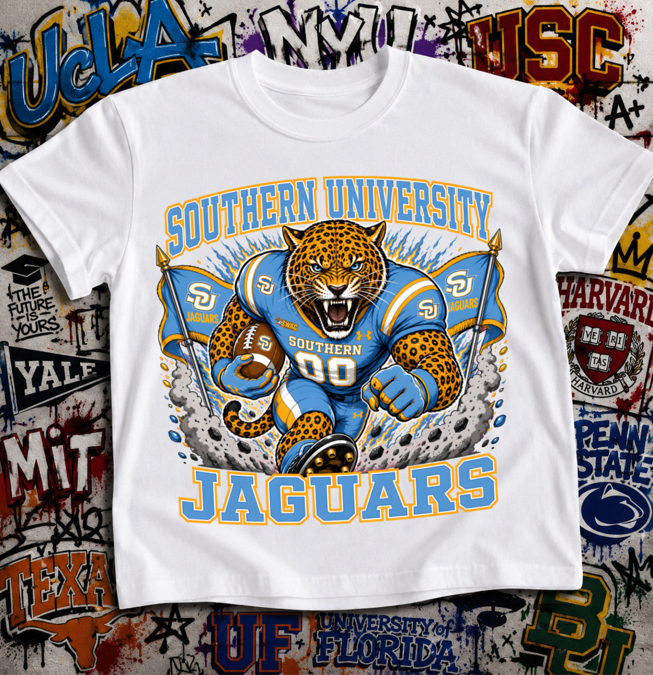 Southern University Jaguars Football Shirt - Jaguar mascot in SU football gear