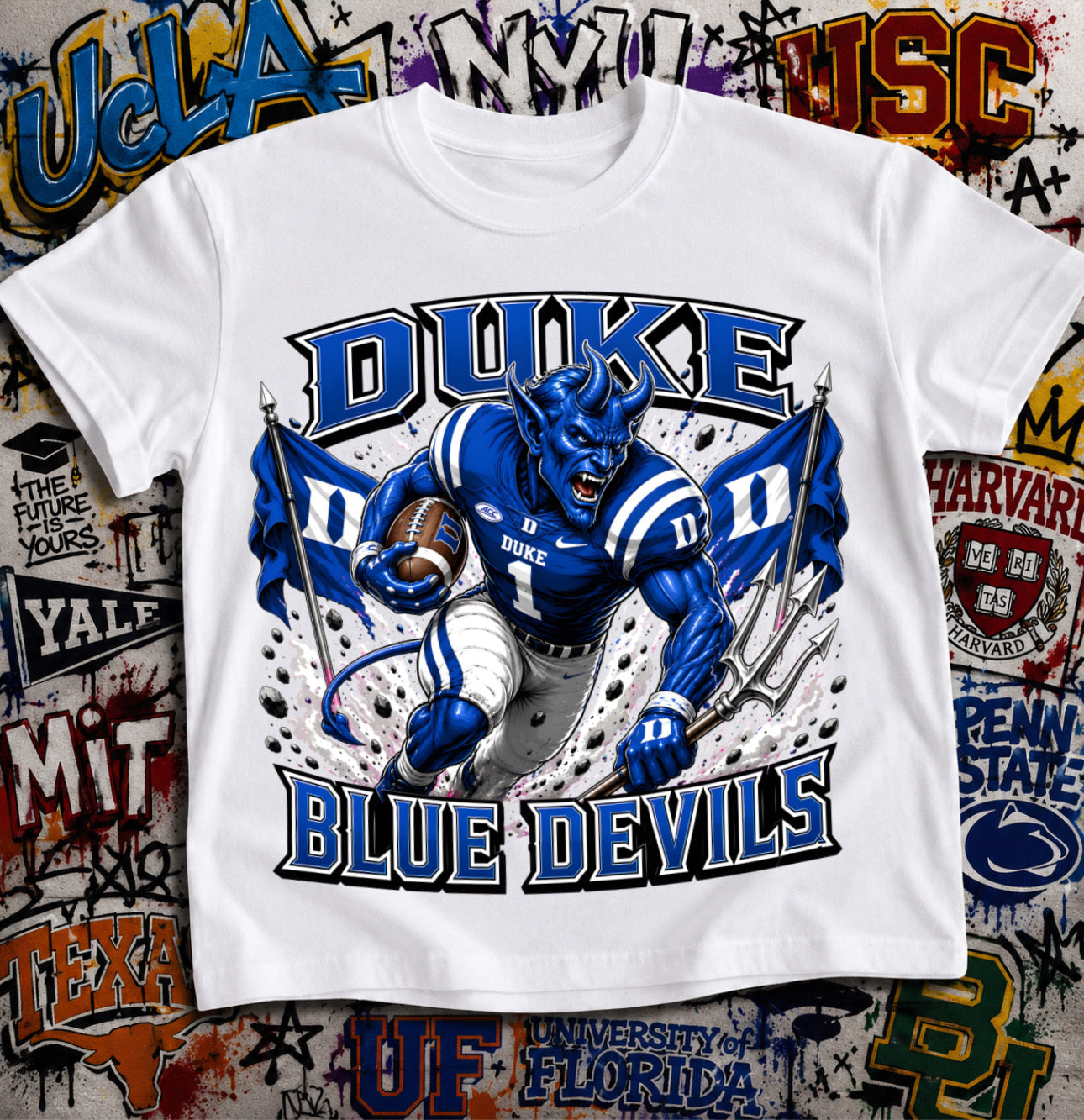 Duke Blue Devils Football Shirt - Blue Devil mascot in Duke football gear with trident