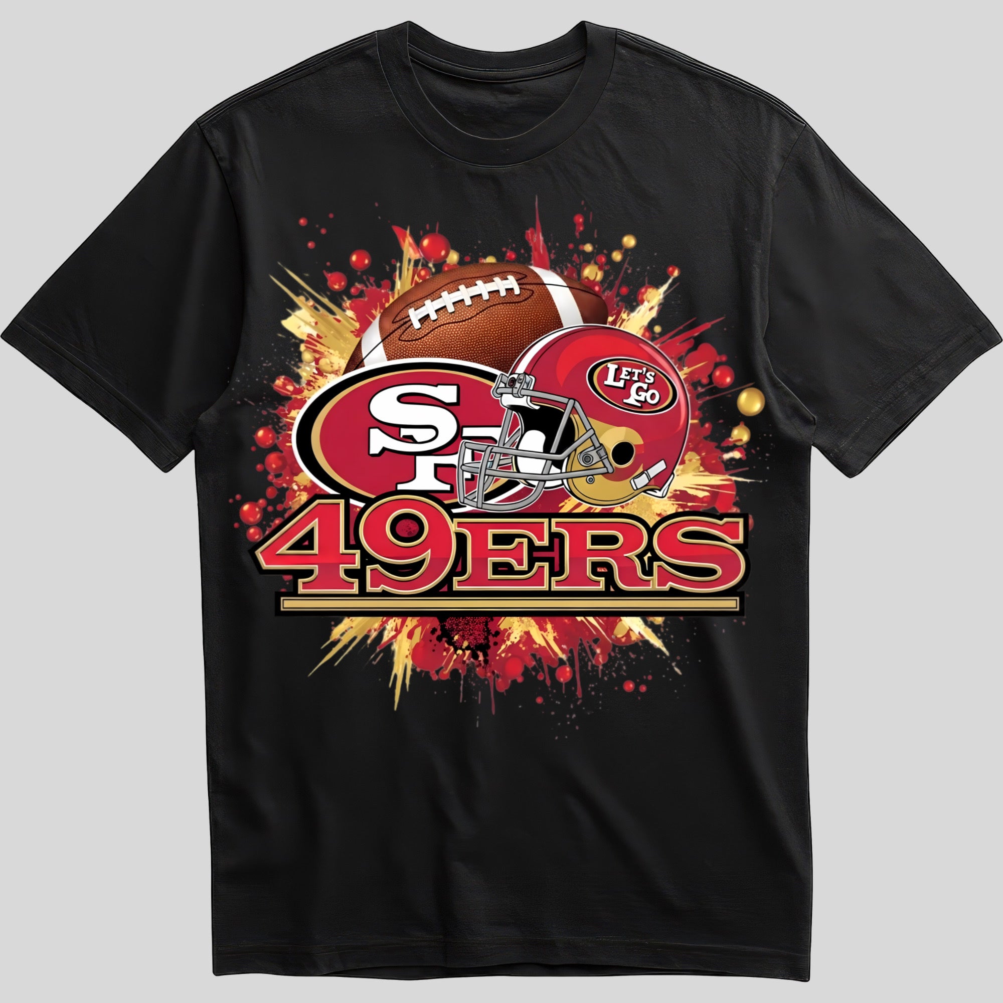 San Francisco 49ers splash design graphic tee on black shirt