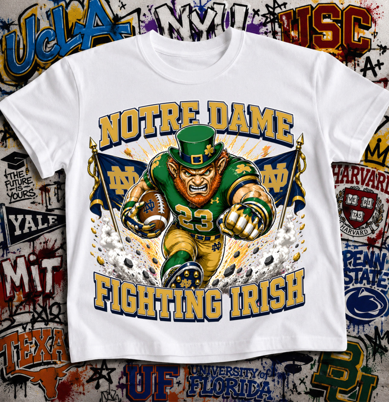 Notre Dame Fighting Irish Football Shirt - Leprechaun mascot in ND football gear
