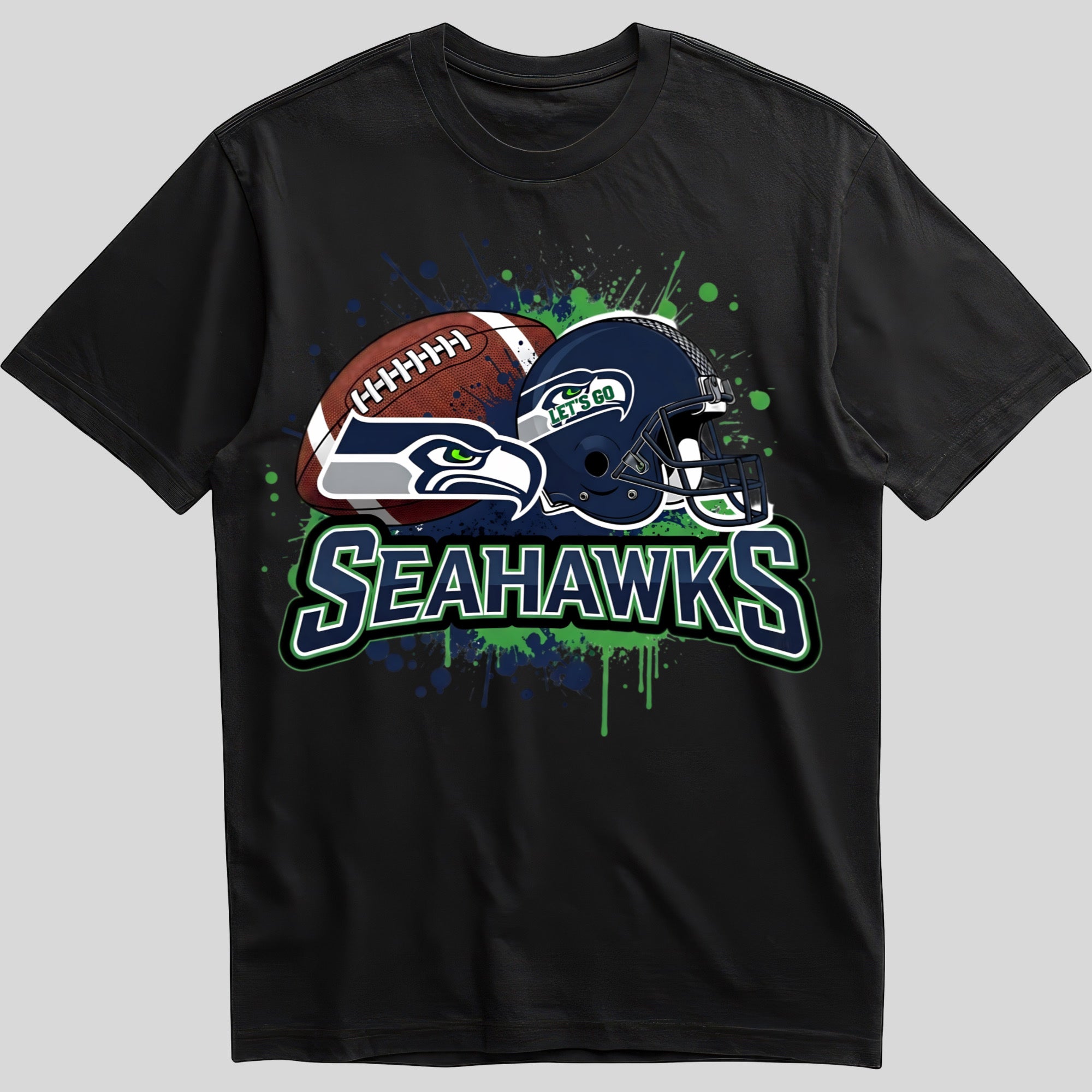 Seattle Seahawks splash design graphic tee on black shirt