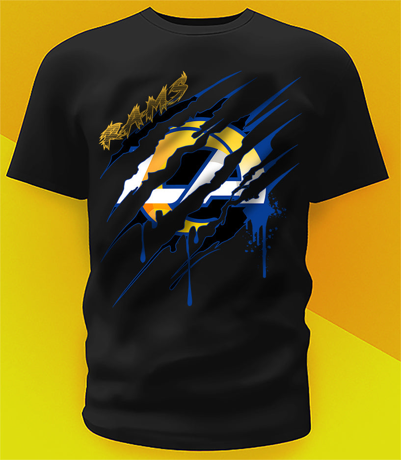 Los Angeles Rams Ripped Claw Design Tee on black shirt