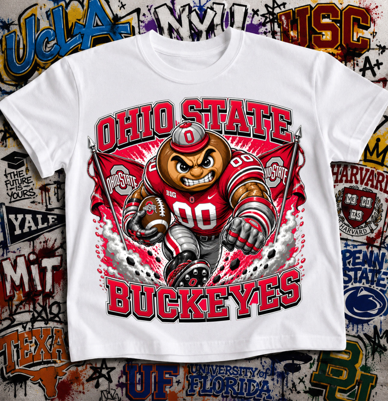 Ohio State Buckeyes Football Shirt - Brutus Buckeye mascot in Ohio State football gear