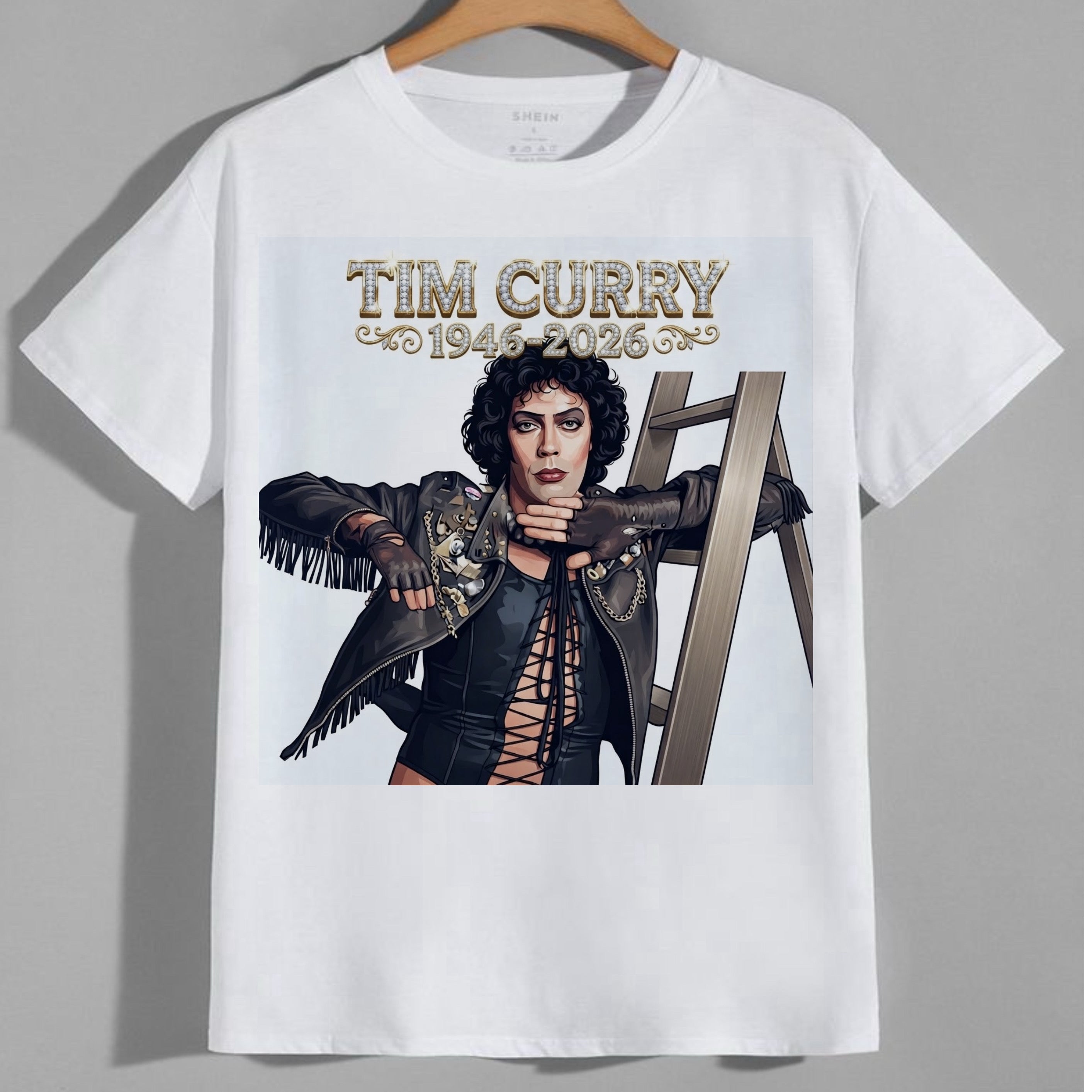 Tim Curry 1946-2026 fringe leather jacket tribute graphic tee