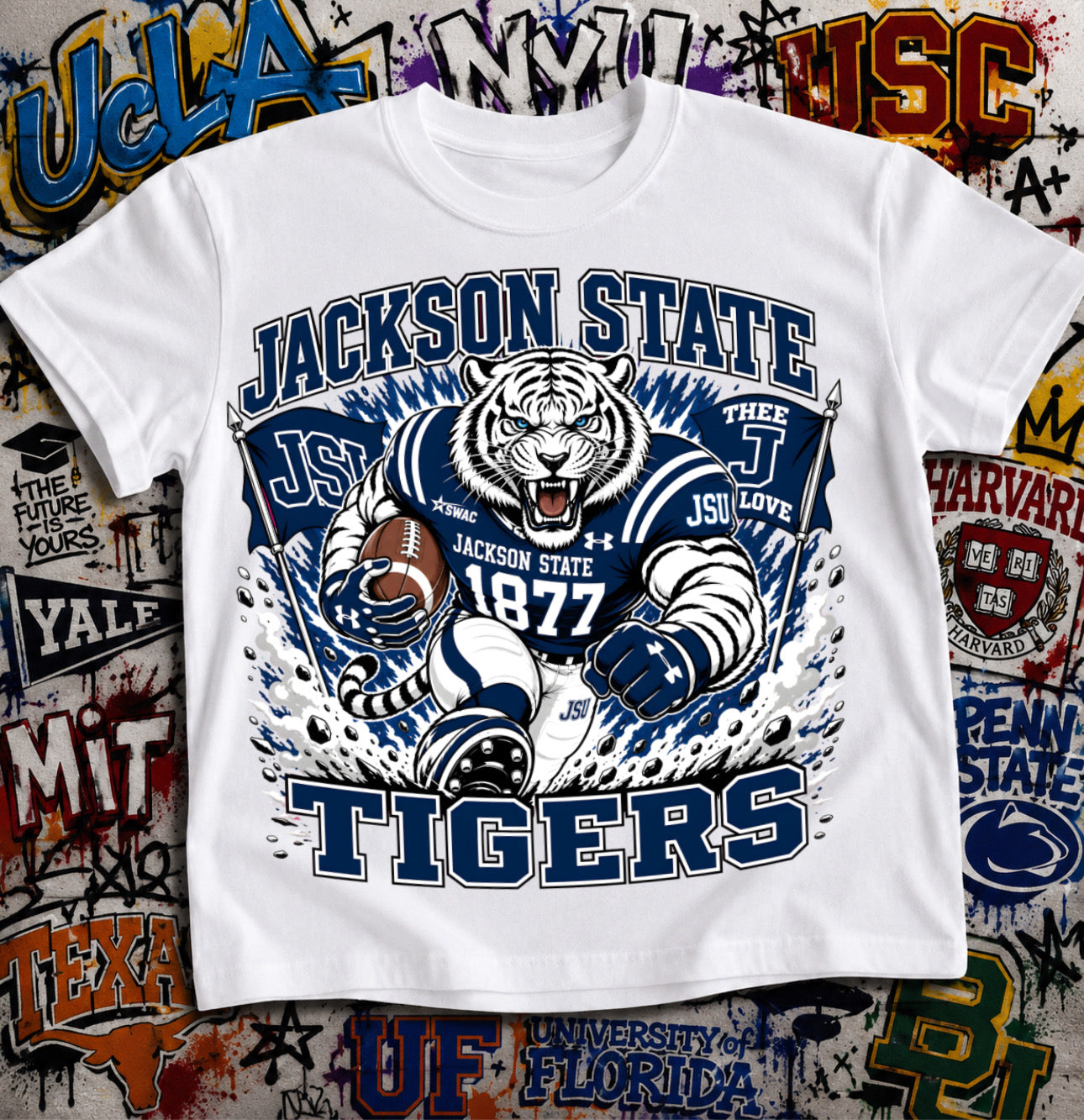 Jackson State Tigers Football Shirt - White tiger mascot in JSU football gear