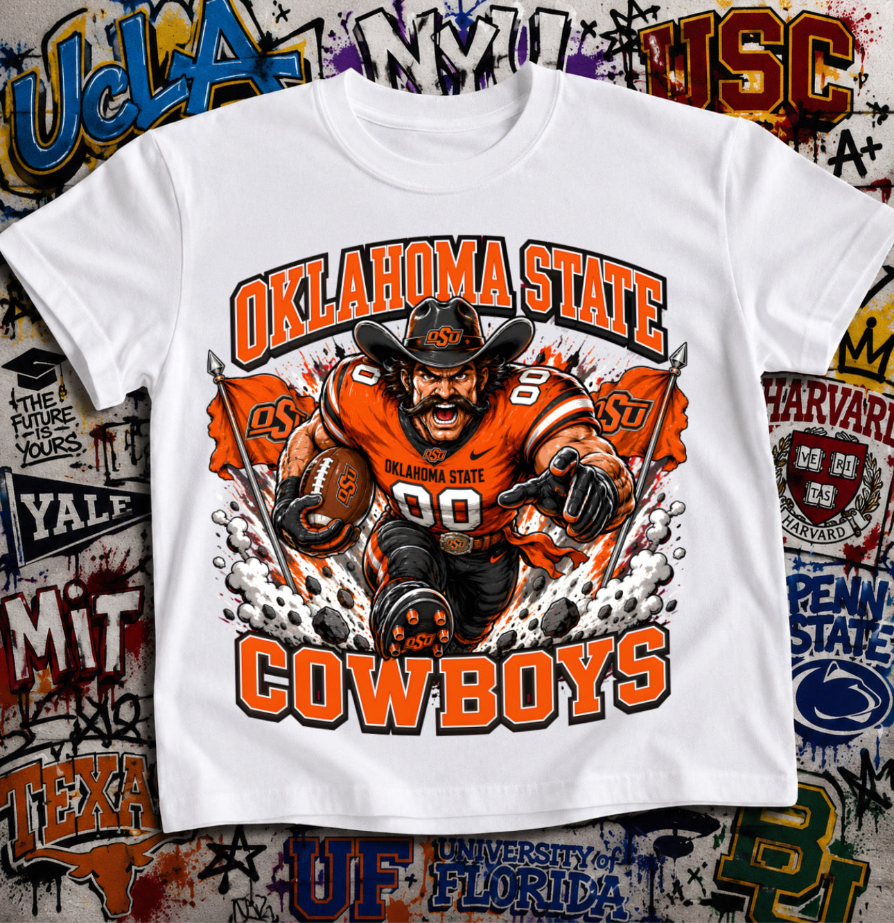 Oklahoma State Cowboys Football Shirt - Pistol Pete mascot in OSU football gear