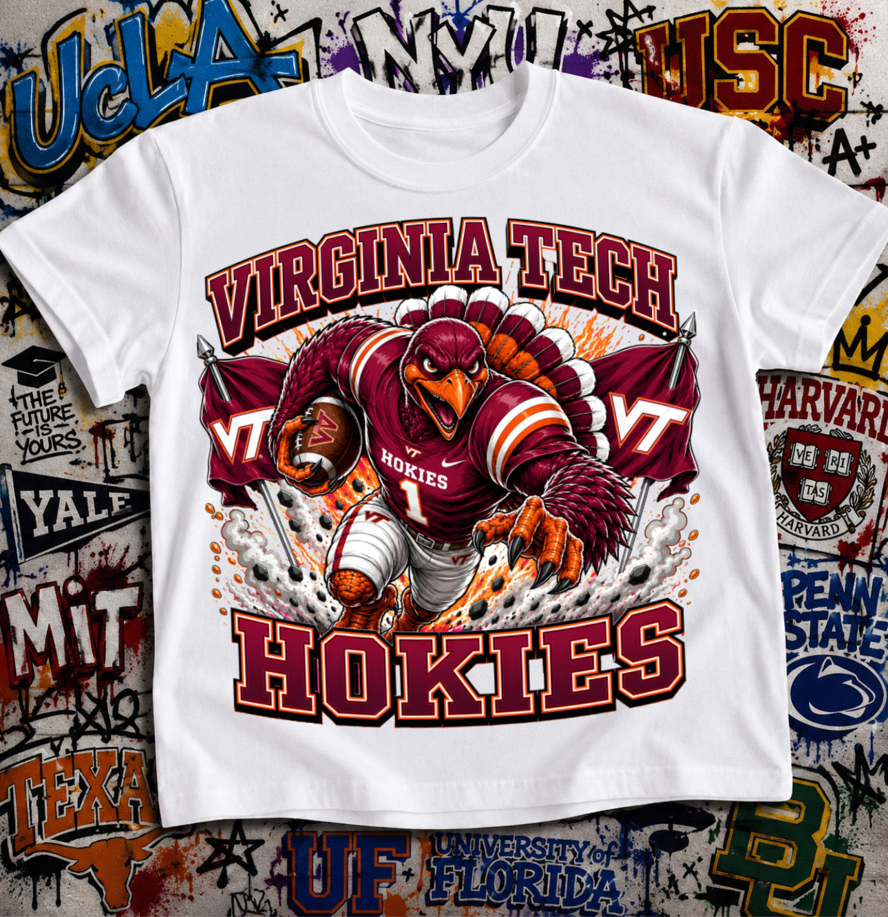 Virginia Tech Hokies Football Shirt - HokieBird mascot in VT football gear