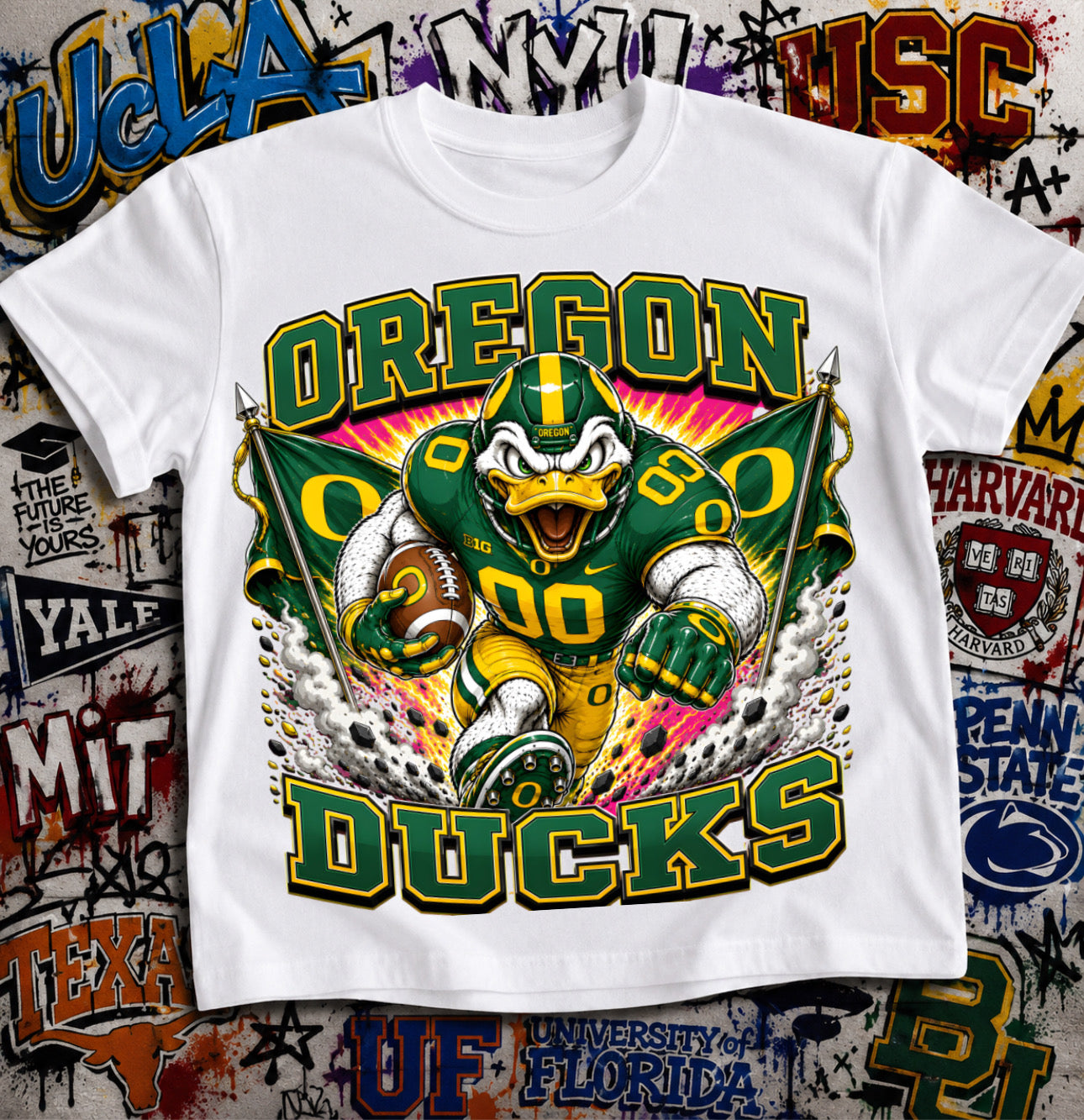 Oregon Ducks Football Shirt - Puddles the Duck mascot in Oregon football gear