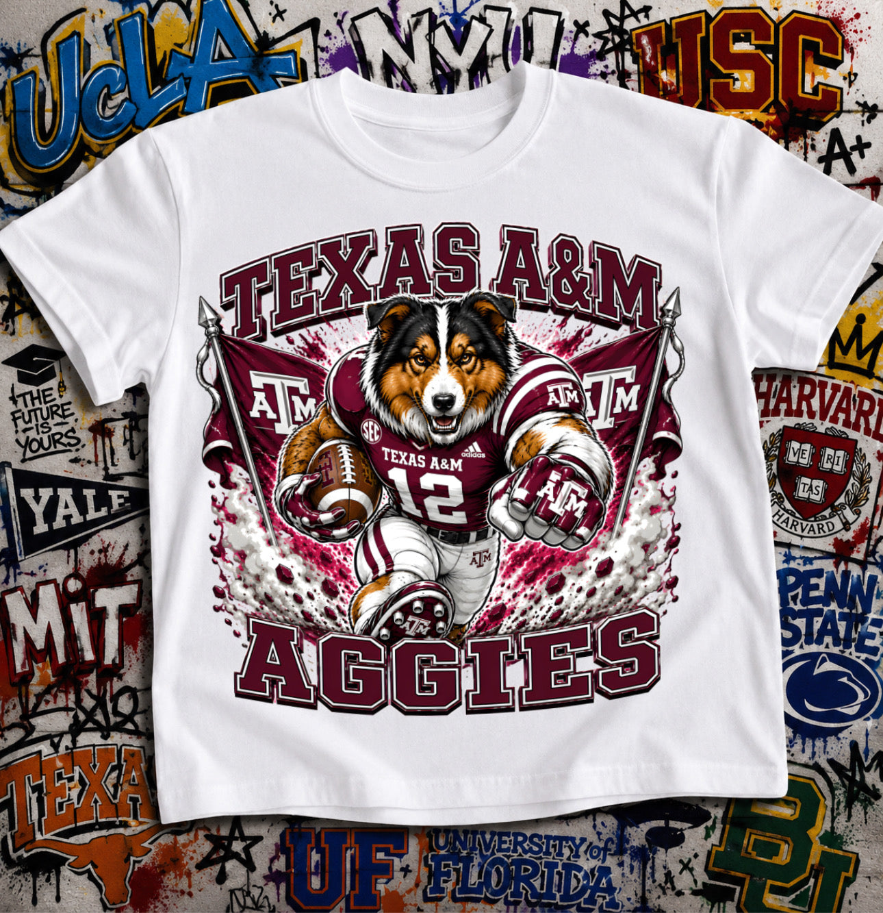 Texas A&M Aggies Football Shirt - Reveille Collie mascot in Texas A&M football gear