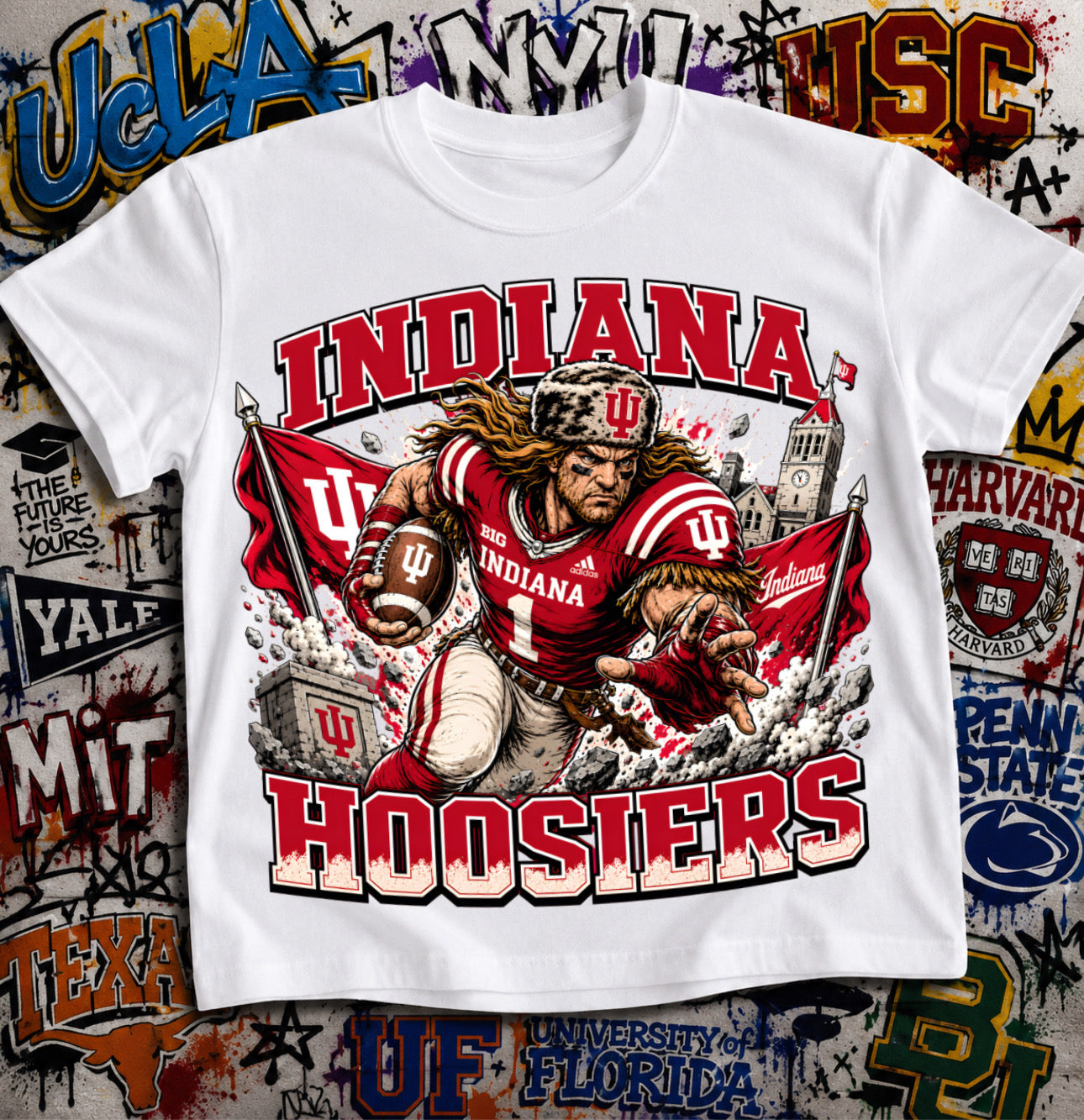 Indiana Hoosiers Football Shirt - Frontiersman mascot in IU football gear