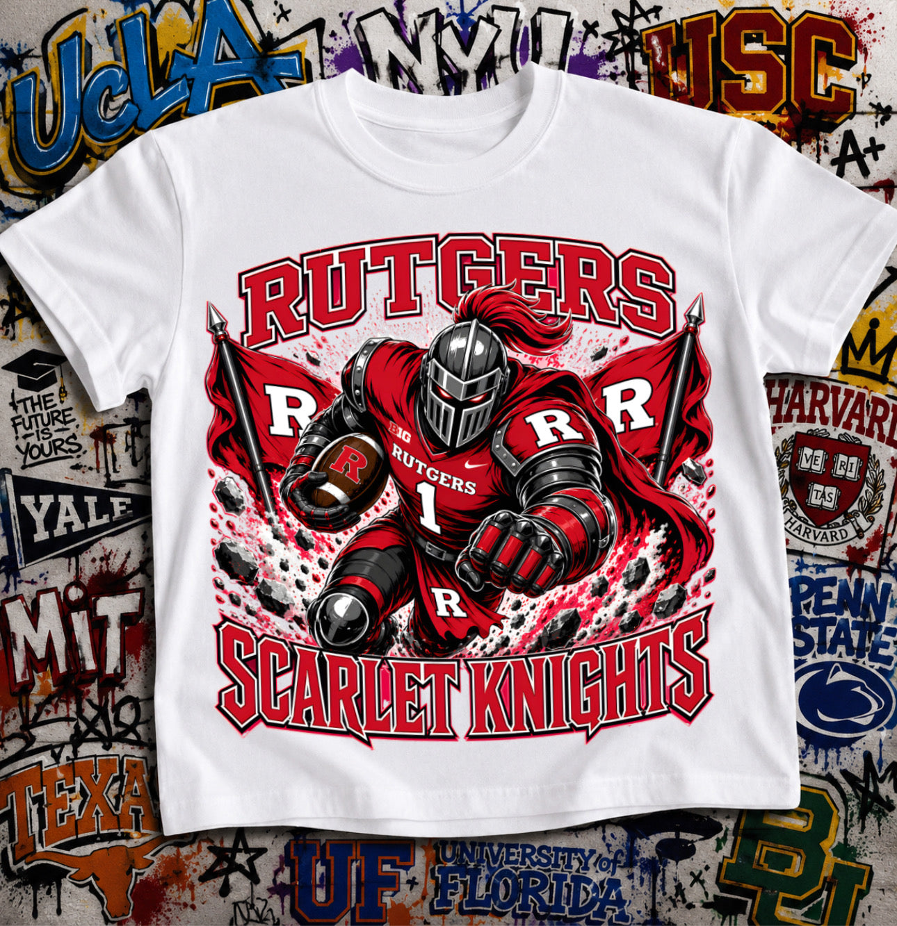 Rutgers Scarlet Knights Football Shirt - Armored Knight mascot in Rutgers football gear