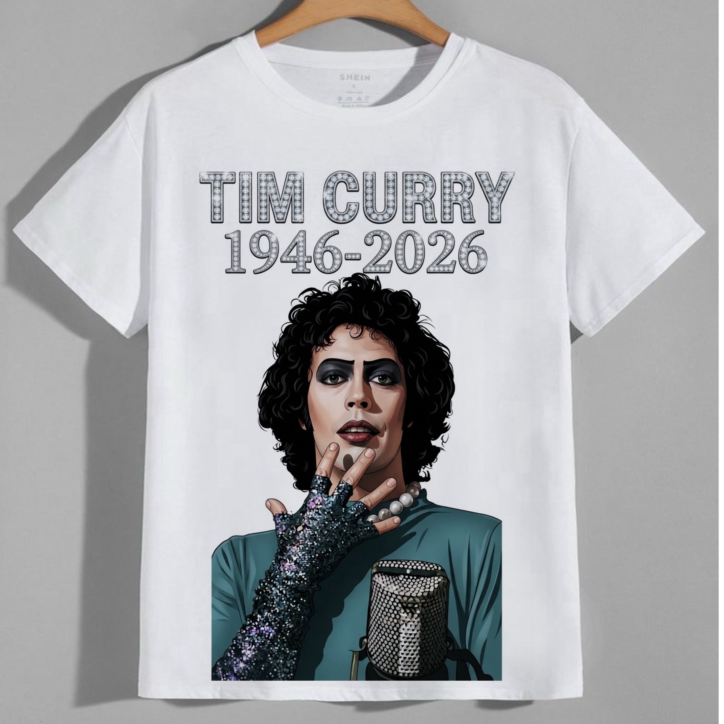 Tim Curry 1946-2026 Frank-N-Furter microphone illustrated graphic tee
