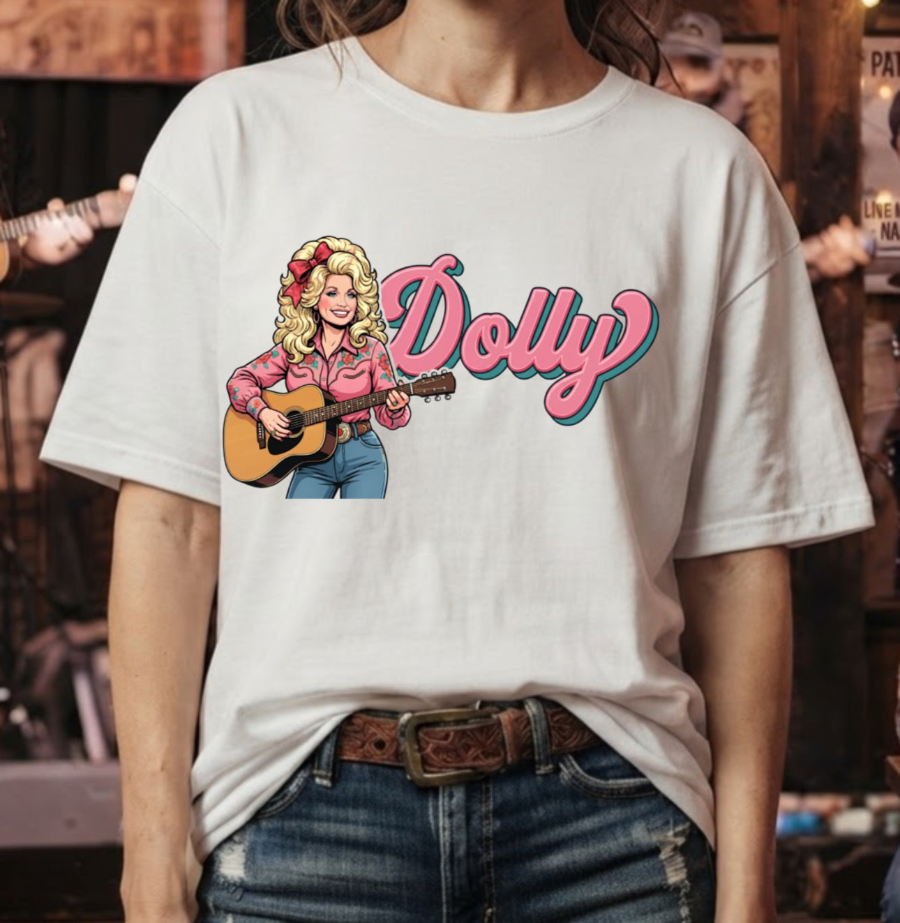 Dolly Parton Retro Cartoon Guitar T-Shirt with pink script lettering