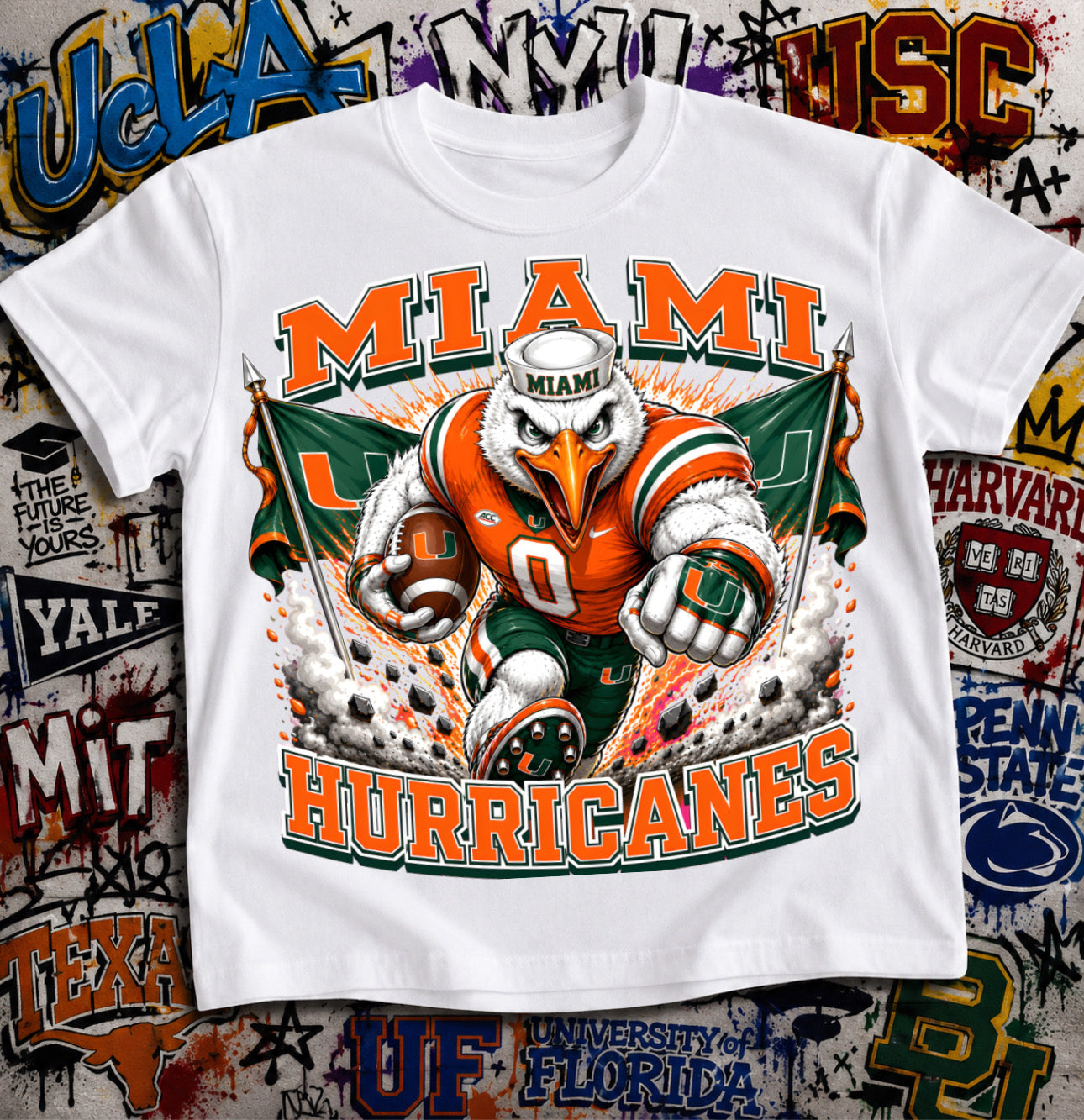 Miami Hurricanes Football Shirt - Sebastian the Ibis mascot in Miami football gear