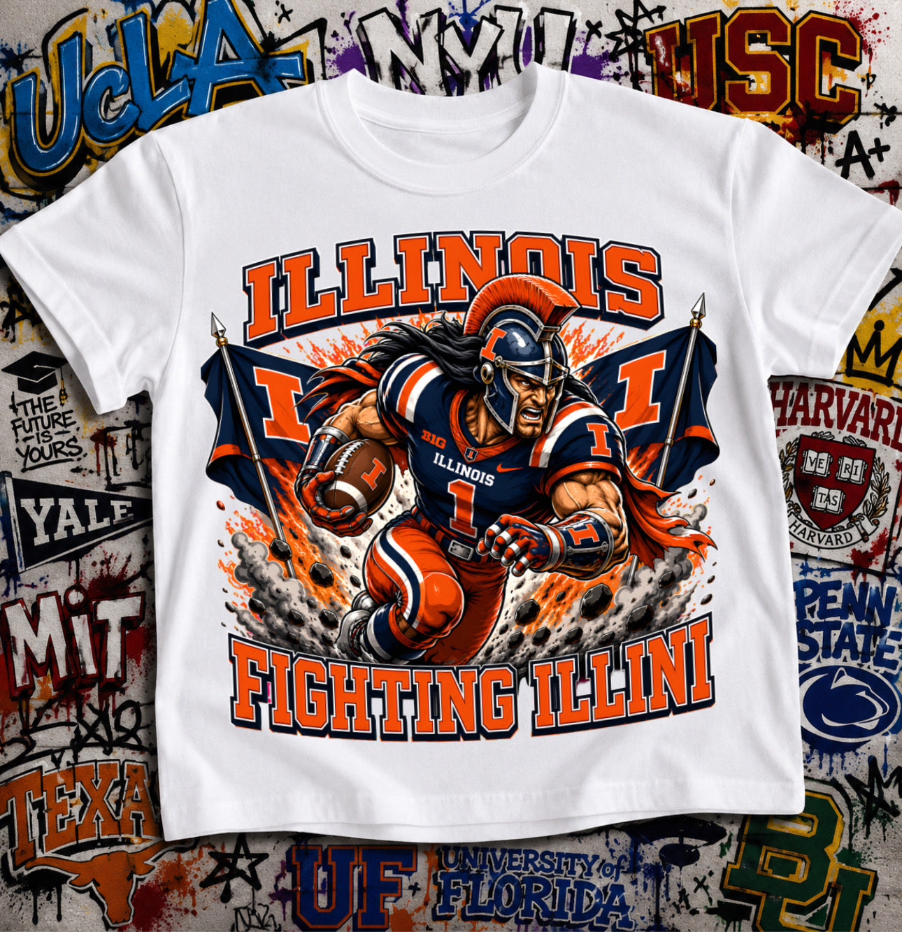 Illinois Fighting Illini Football Shirt - Warrior mascot in Illinois football gear