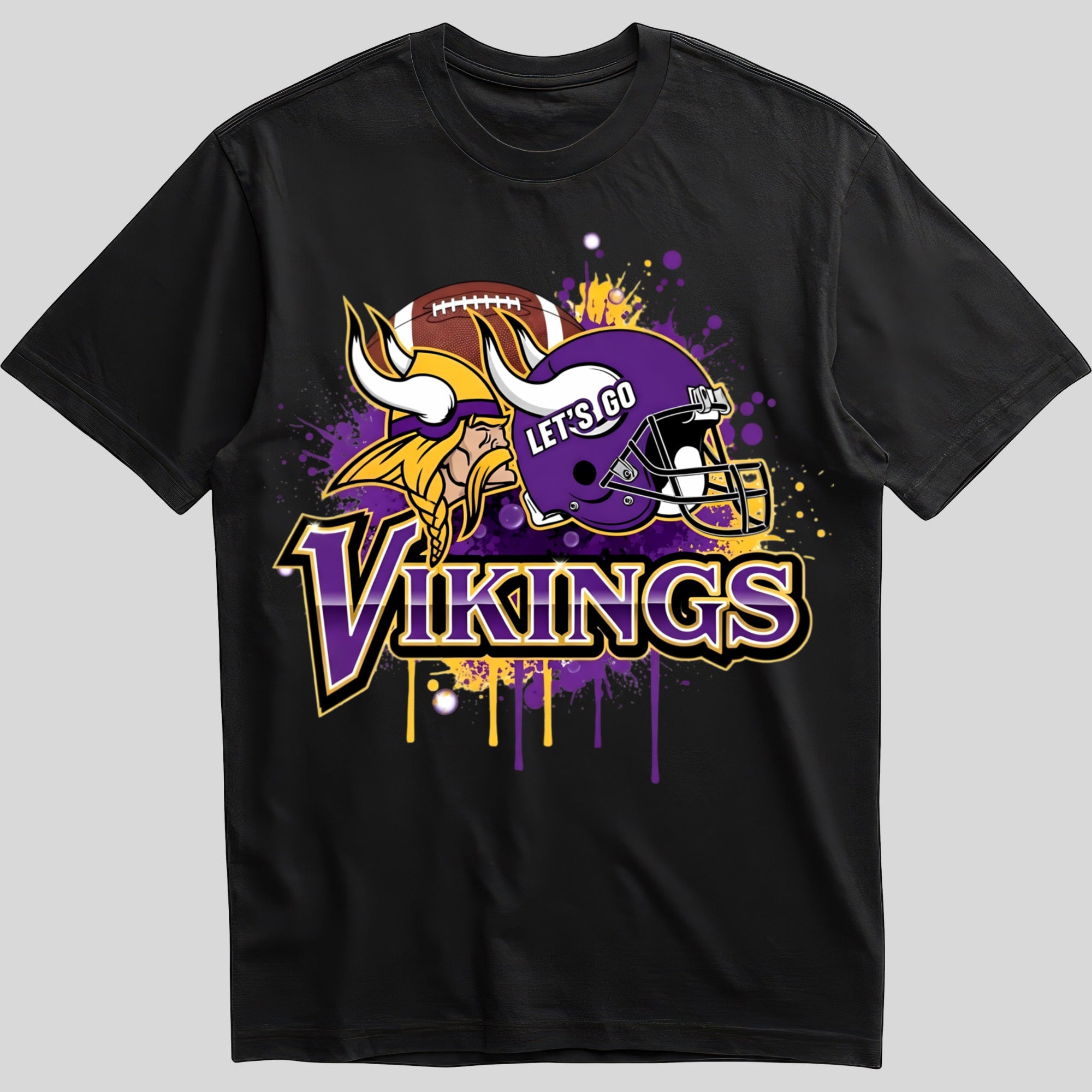 Minnesota Vikings splash design graphic tee on black shirt