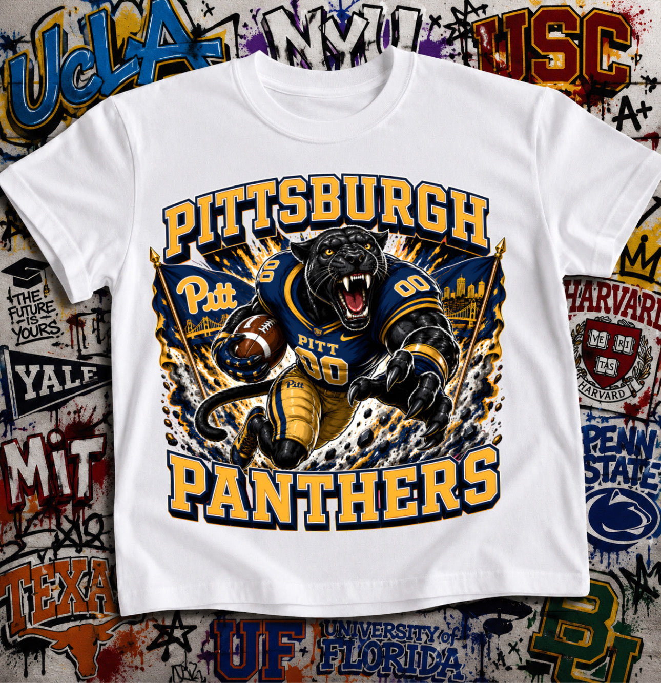 Pittsburgh Panthers Football Shirt - Roc the Panther mascot in Pitt football gear